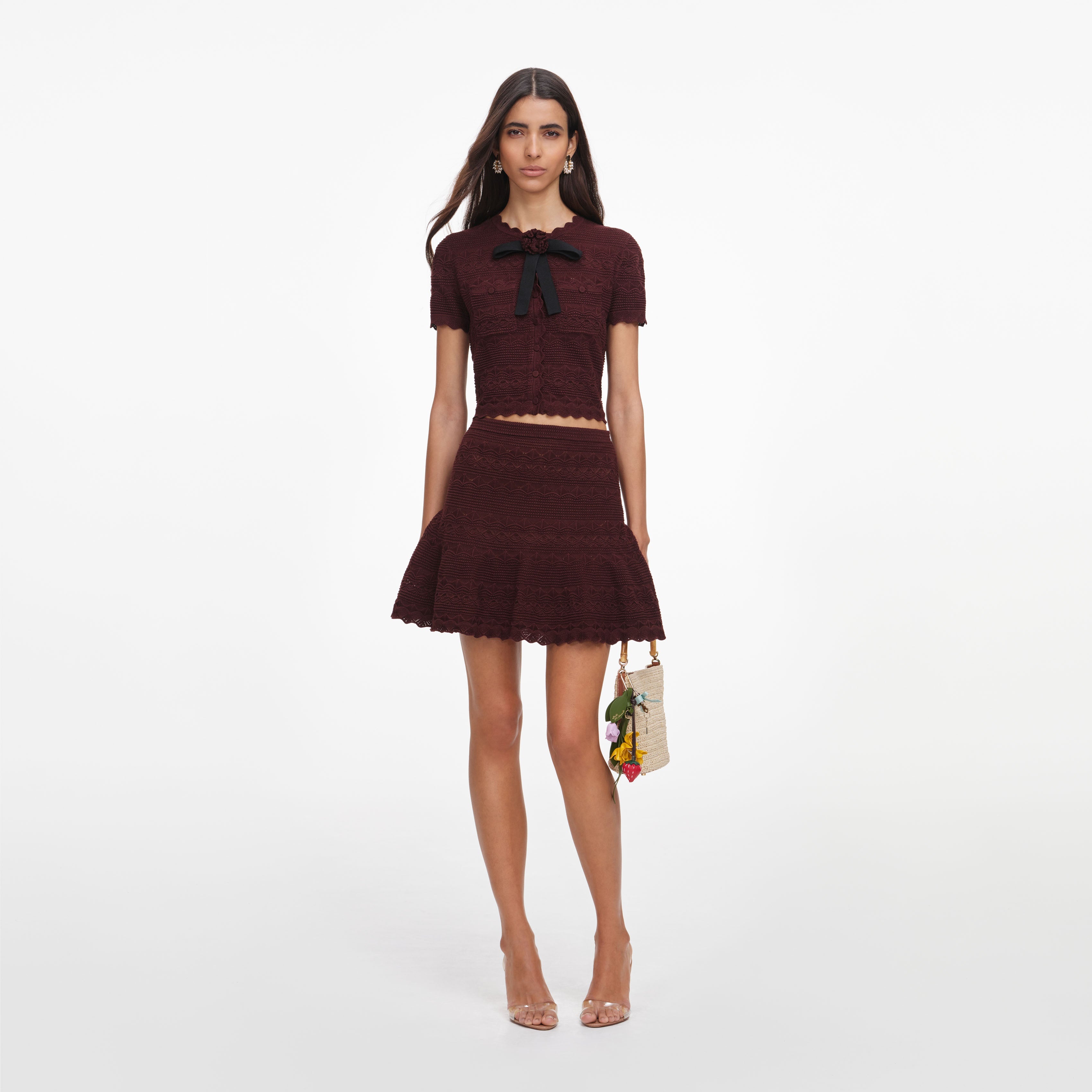 Brown Pointelle Knit Mini Skirt