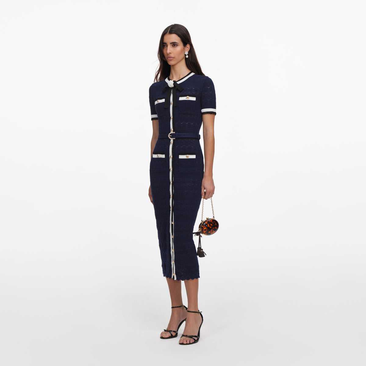 Navy Pointelle Knit Midi Dress  self-portrait-US