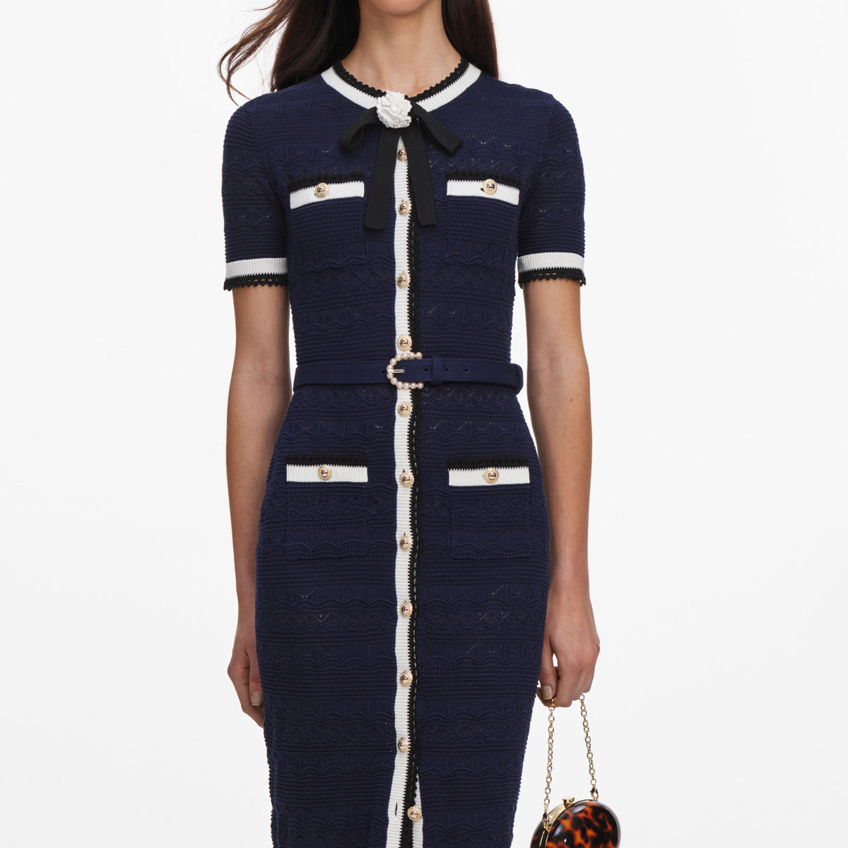 Navy Pointelle Knit Midi Dress  self-portrait-US