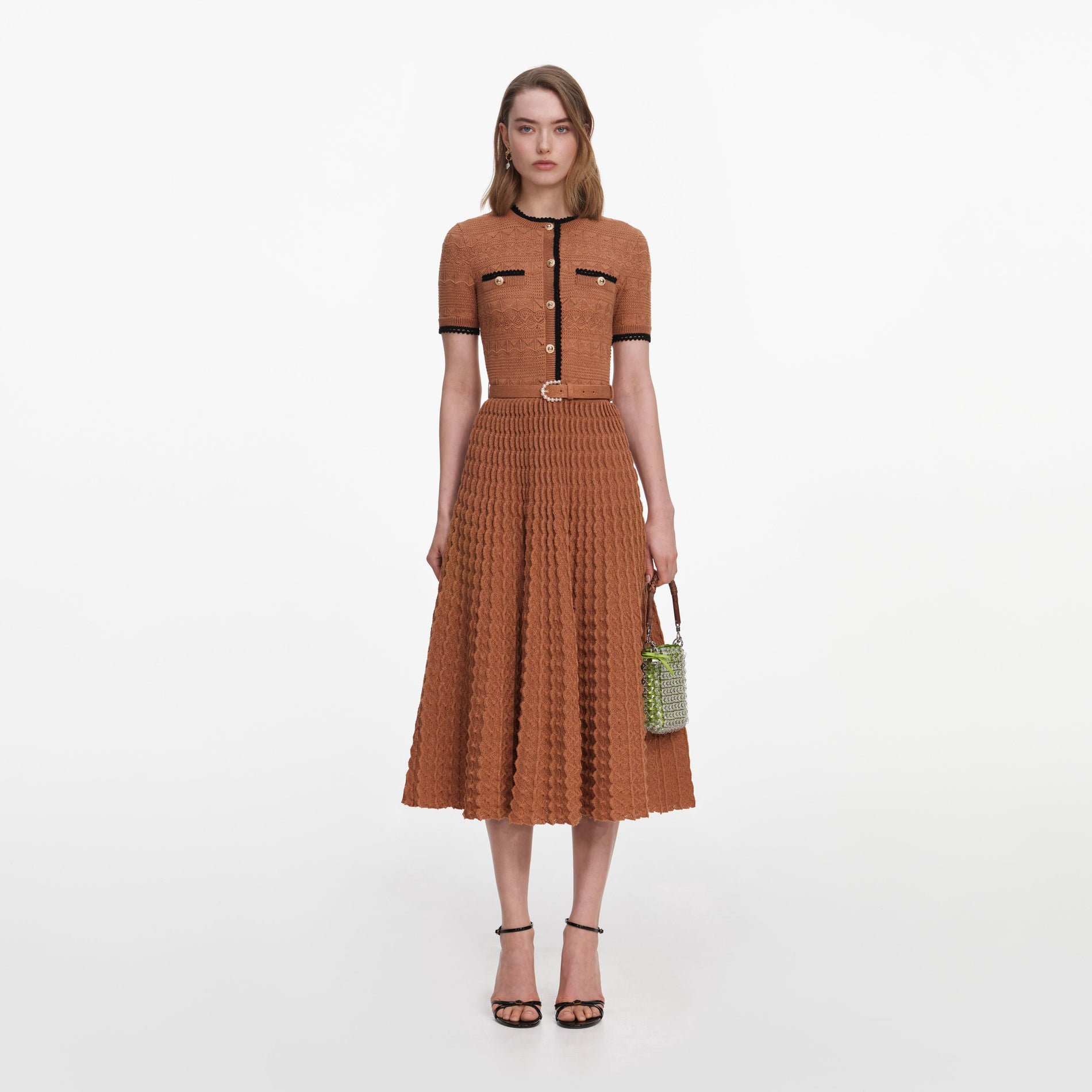 Front view of a woman wearing the Brown Pointelle Knit Midi Dress