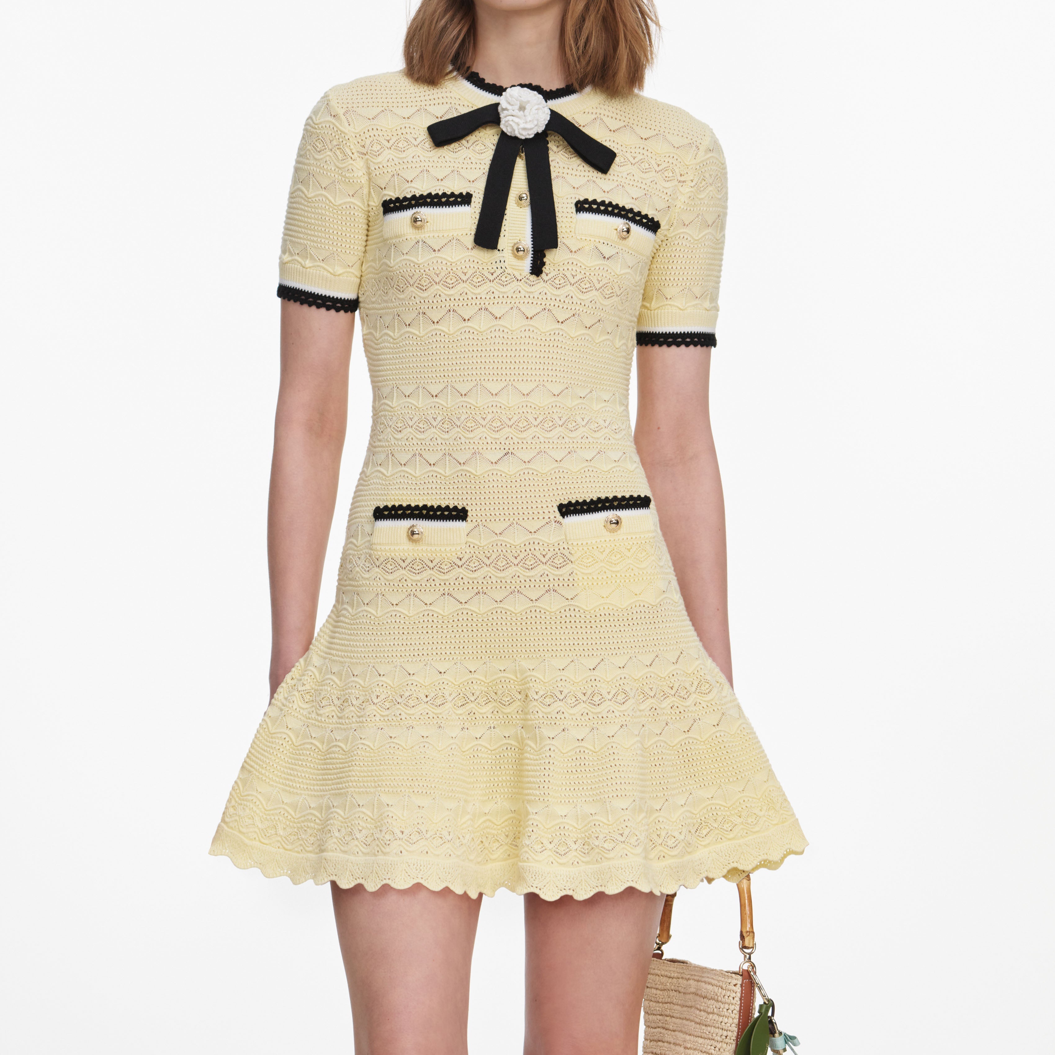 Yellow Pointelle Knit Mini Dress – self-portrait-US