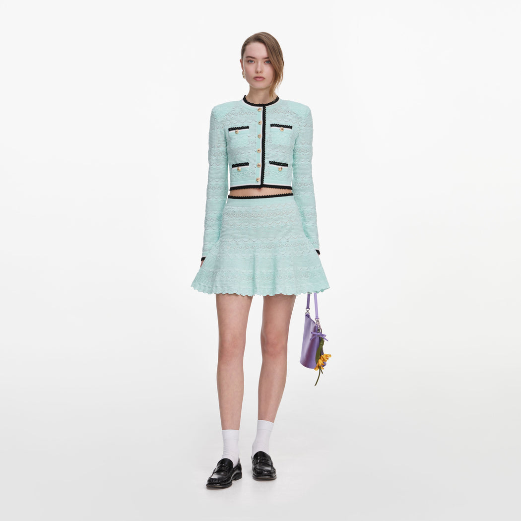 Front view of a woman wearing the Mint Pointelle Knit Mini Skirt