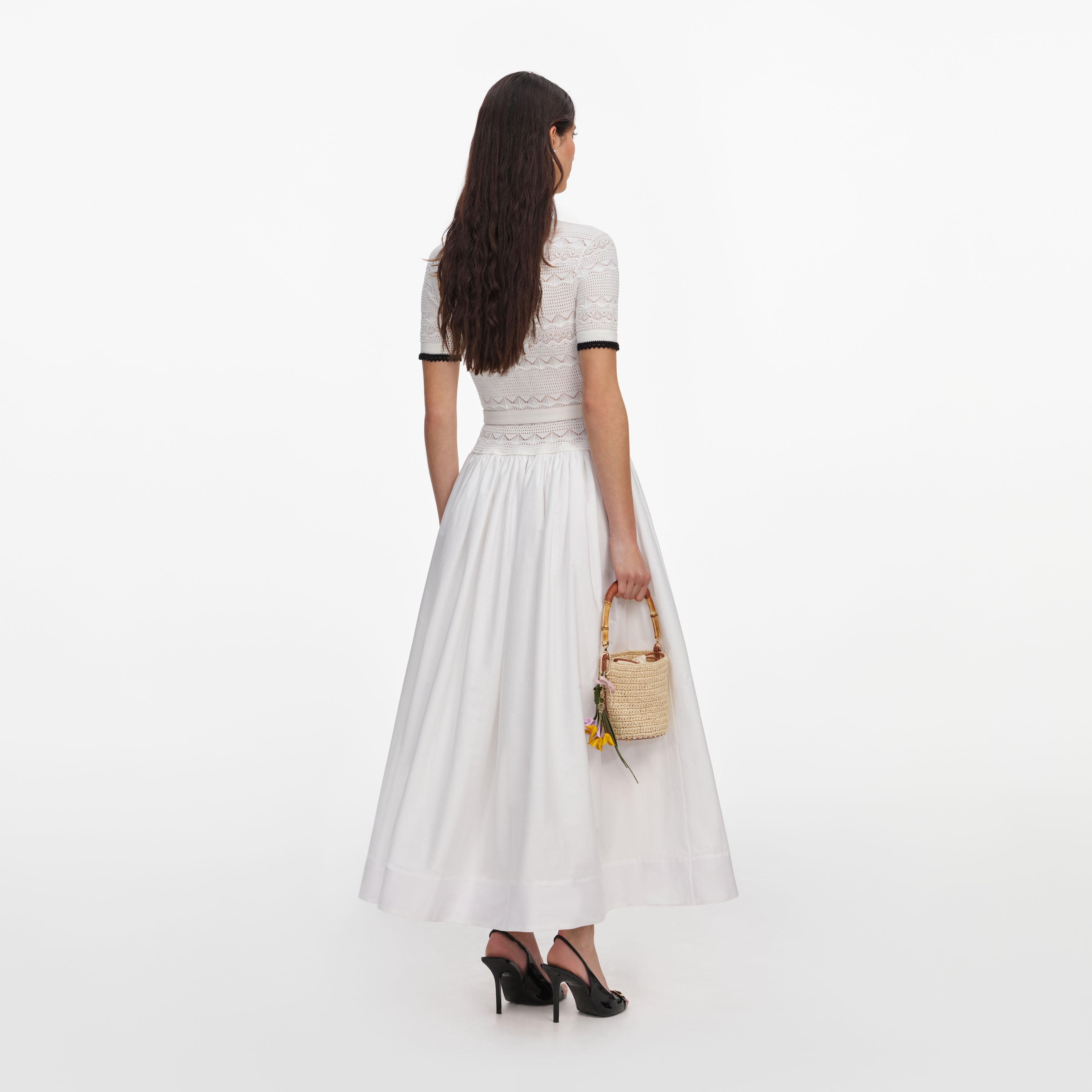 self-portrait - White Knit Linen Midi Dress