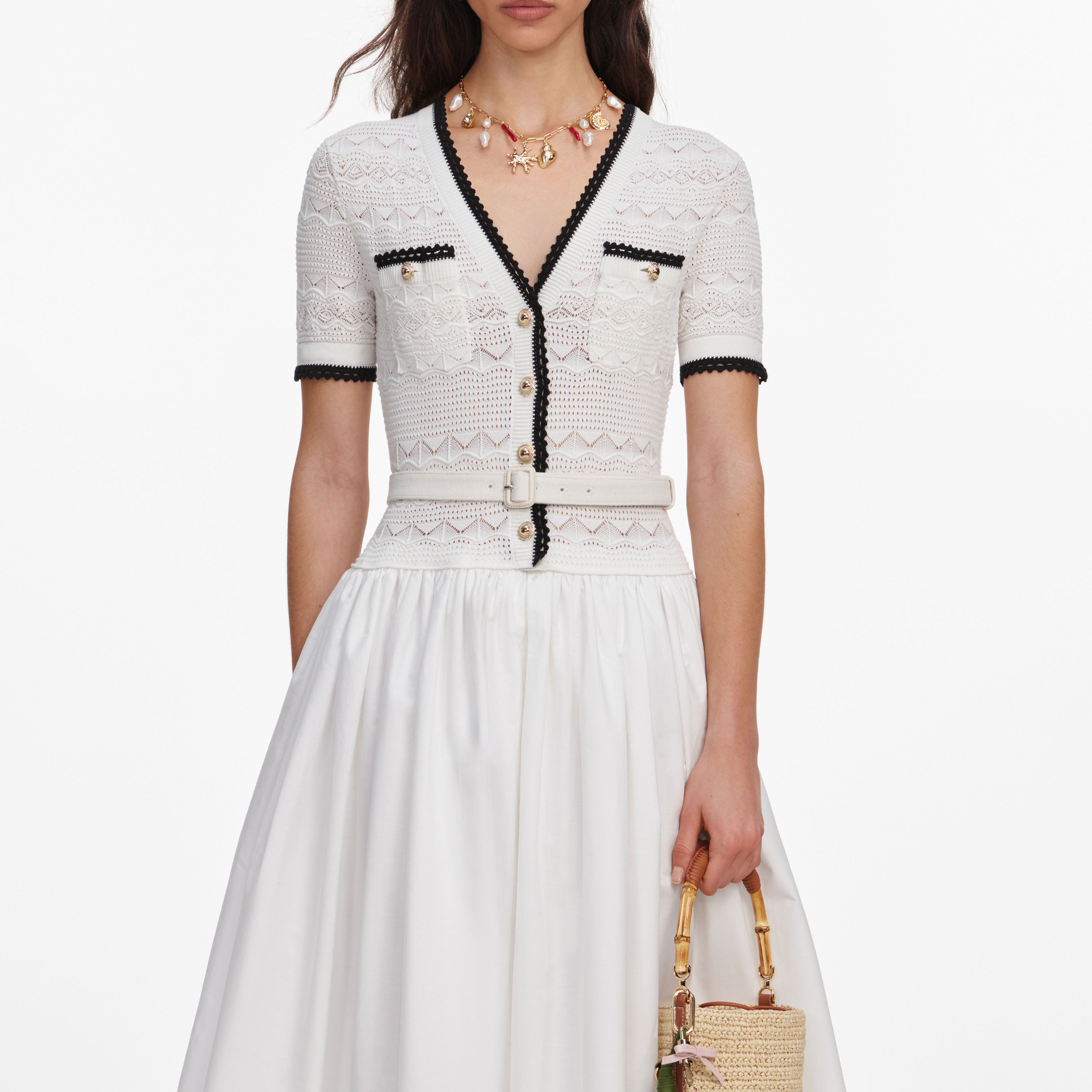 self-portrait - White Knit Linen Midi Dress - UK 4