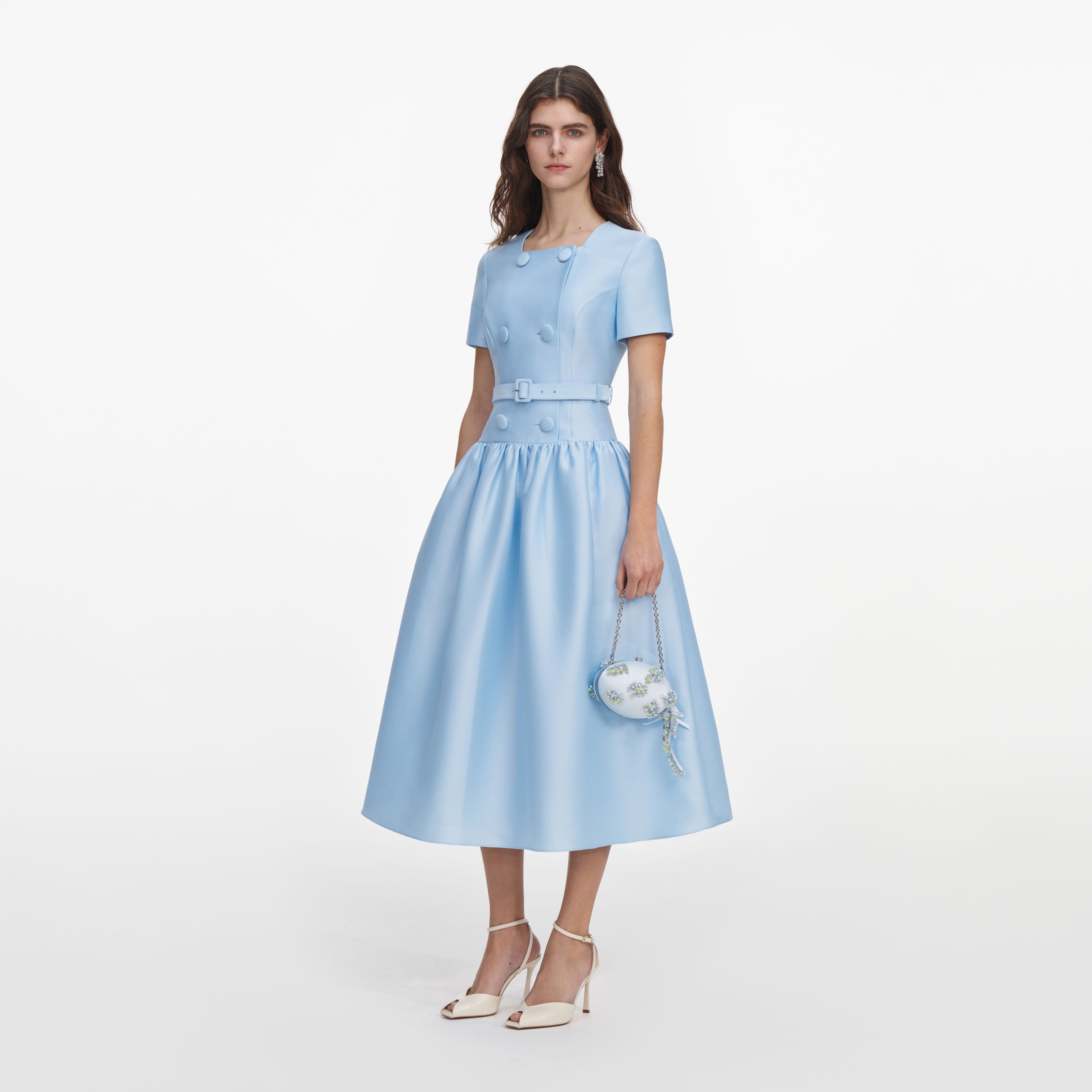 Blue Button Front Taffeta Midi Dress  self-portrait-US
