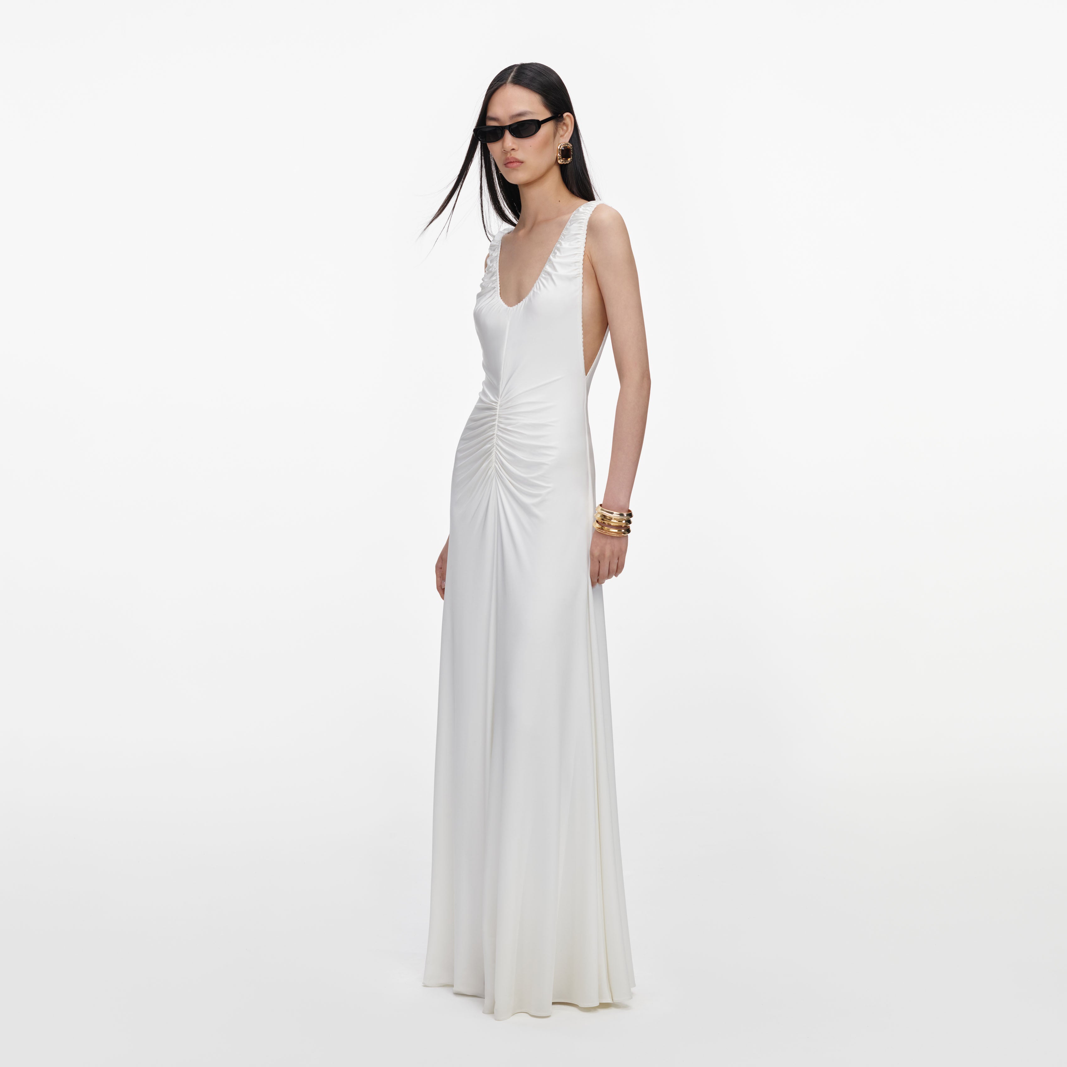White Jersey Ruched Maxi Dress – self-portrait-US