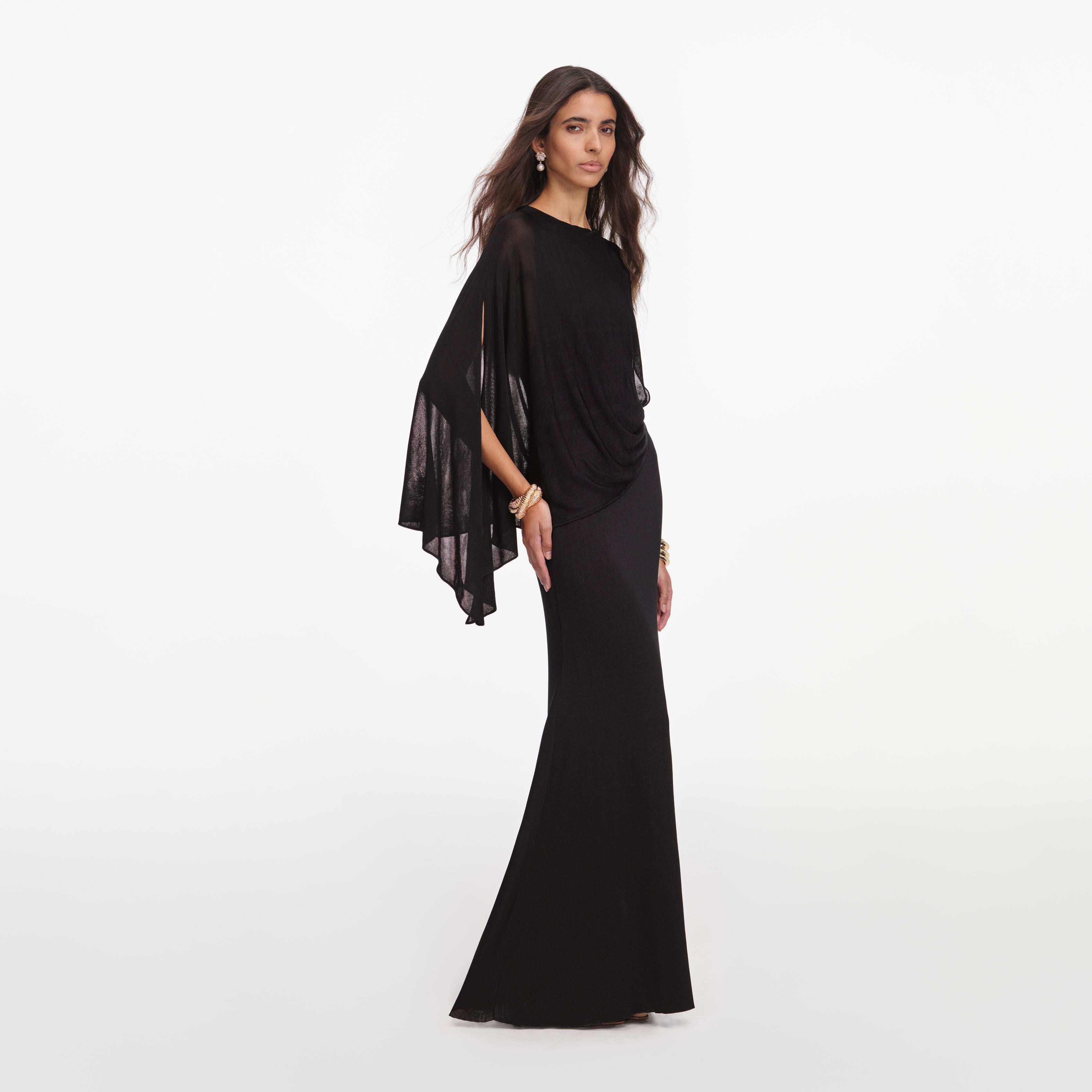 Black Viscose Knit One Shoulder Maxi Dress – self-portrait-US