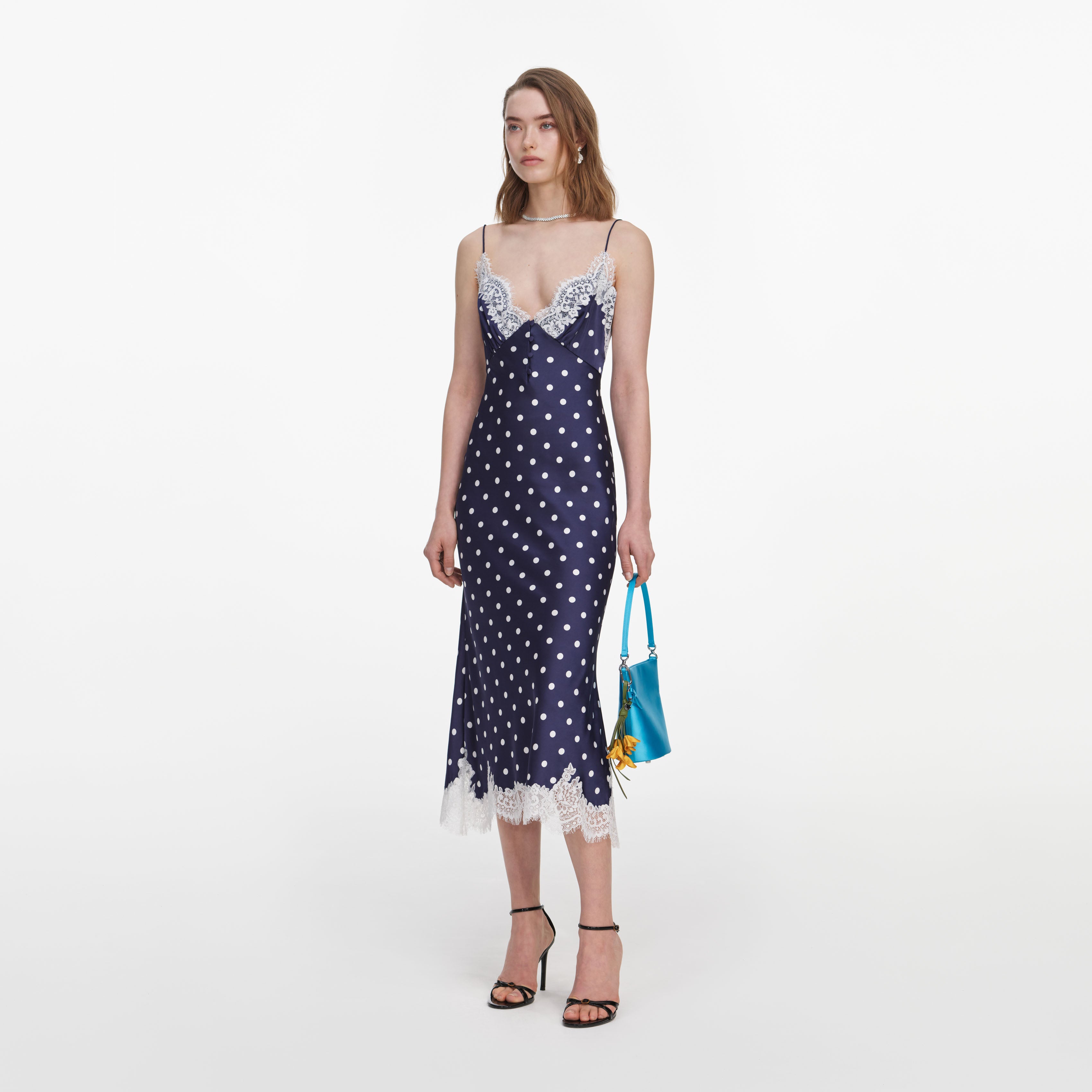 ワンピース self-portrait Navy Satin Polka Dot Midi Dress – self-portrait-US