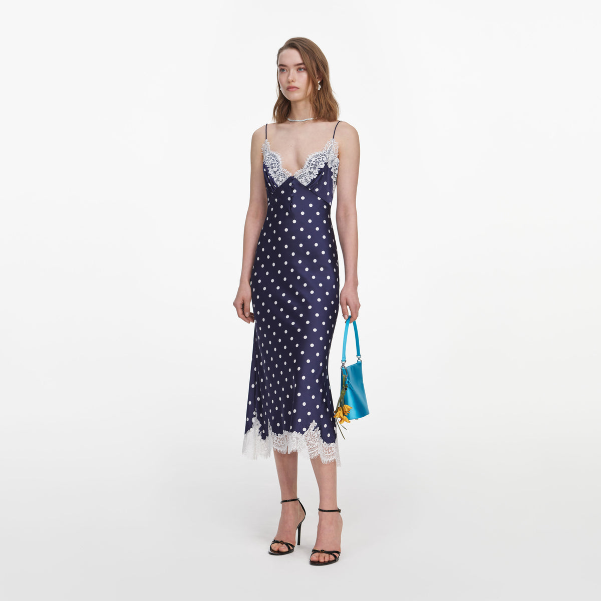 self-portrait - Navy Satin Polka Dot Midi Dress - US 0