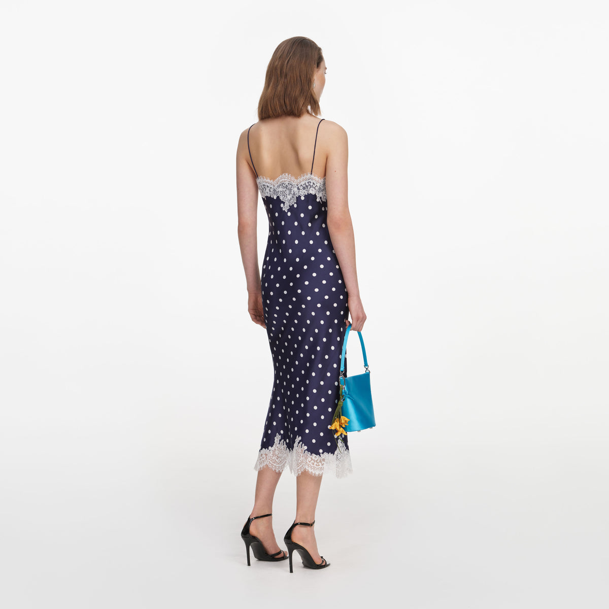 self-portrait - Navy Satin Polka Dot Midi Dress