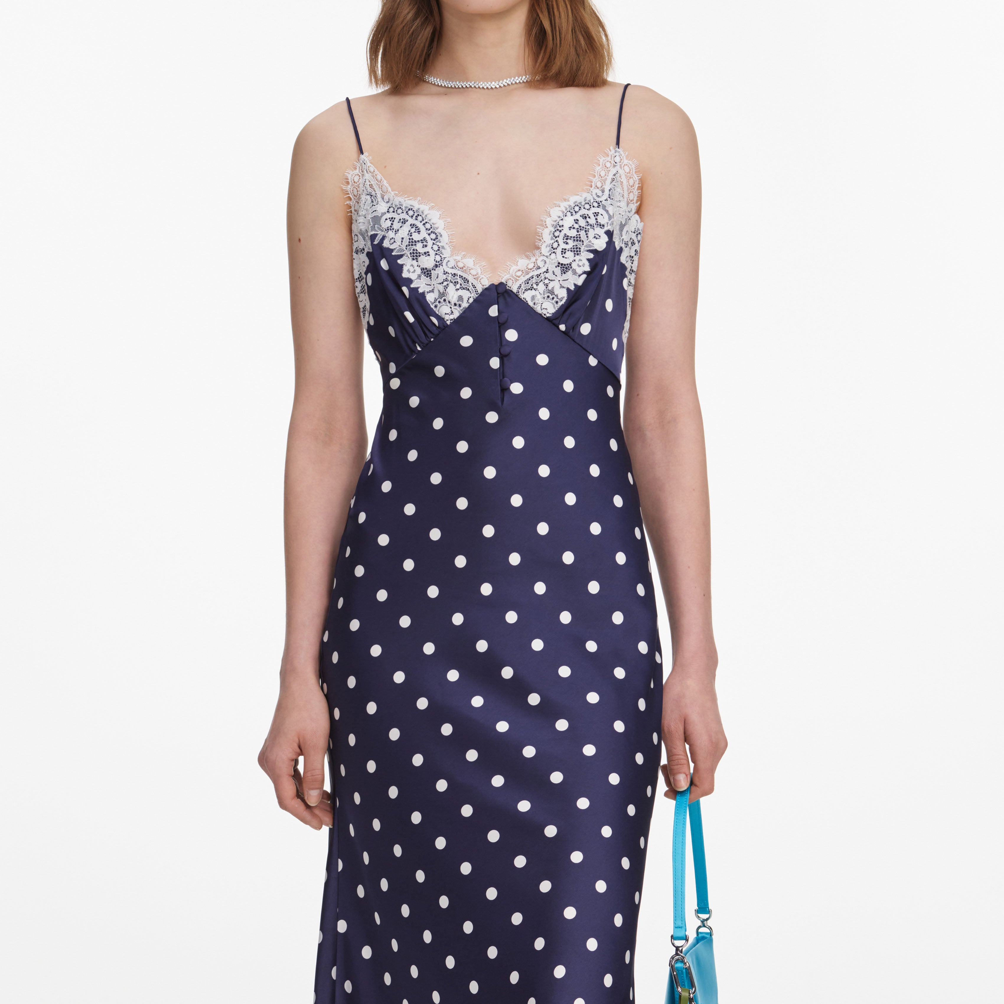 Navy Satin Polka Dot Midi Dress – self-portrait-US