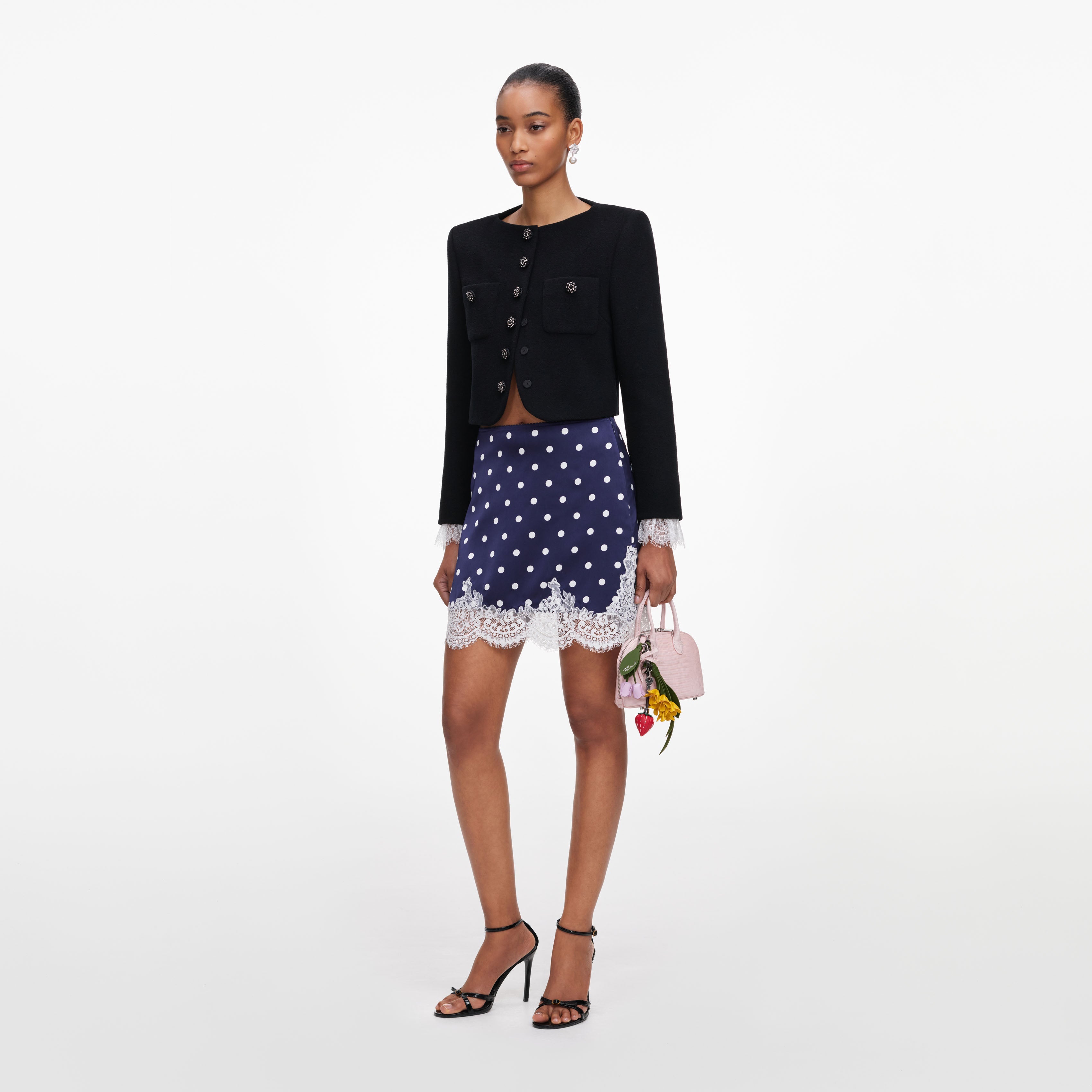 Navy Polka Dot Satin Mini Skirt