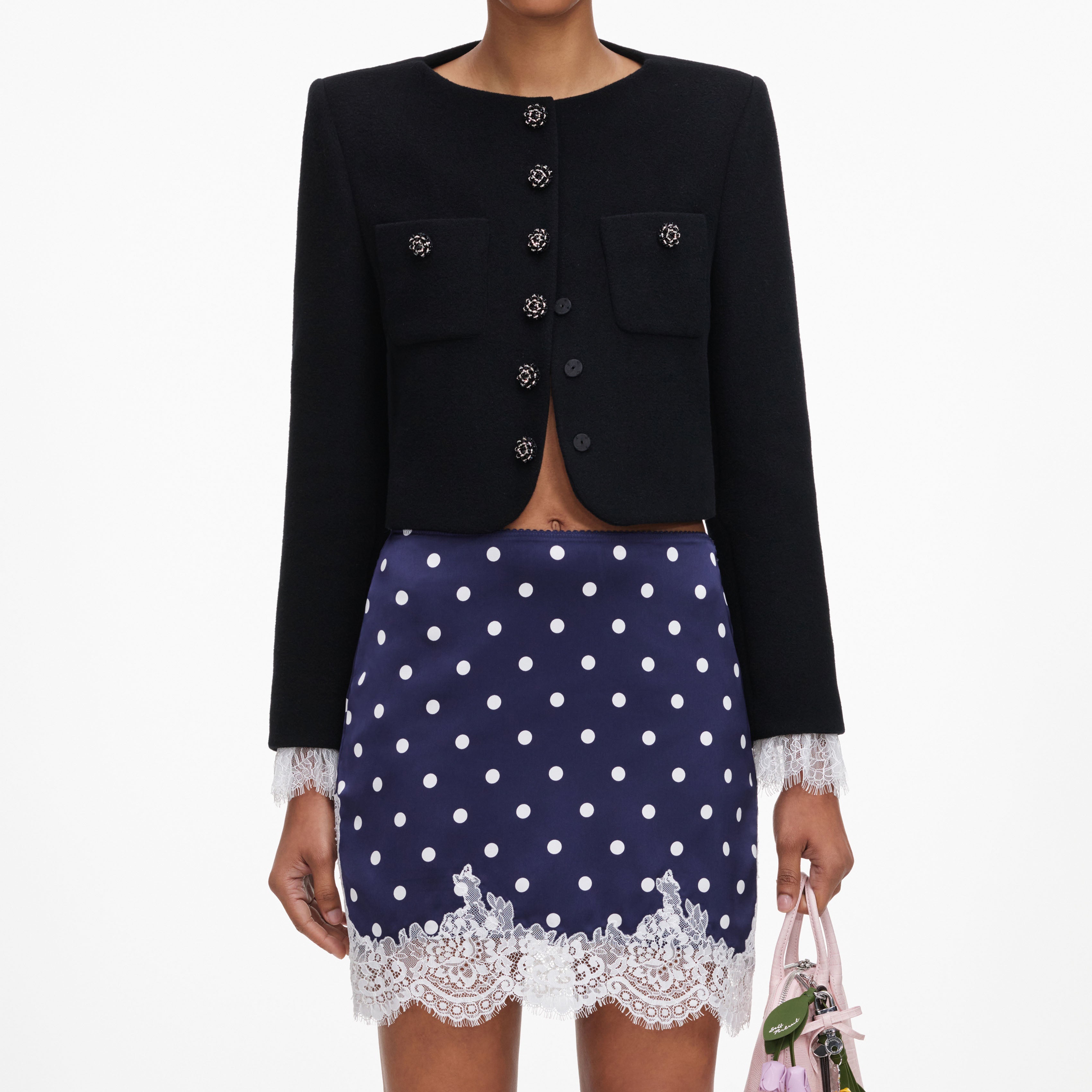 Navy Polka Dot Satin Mini Skirt