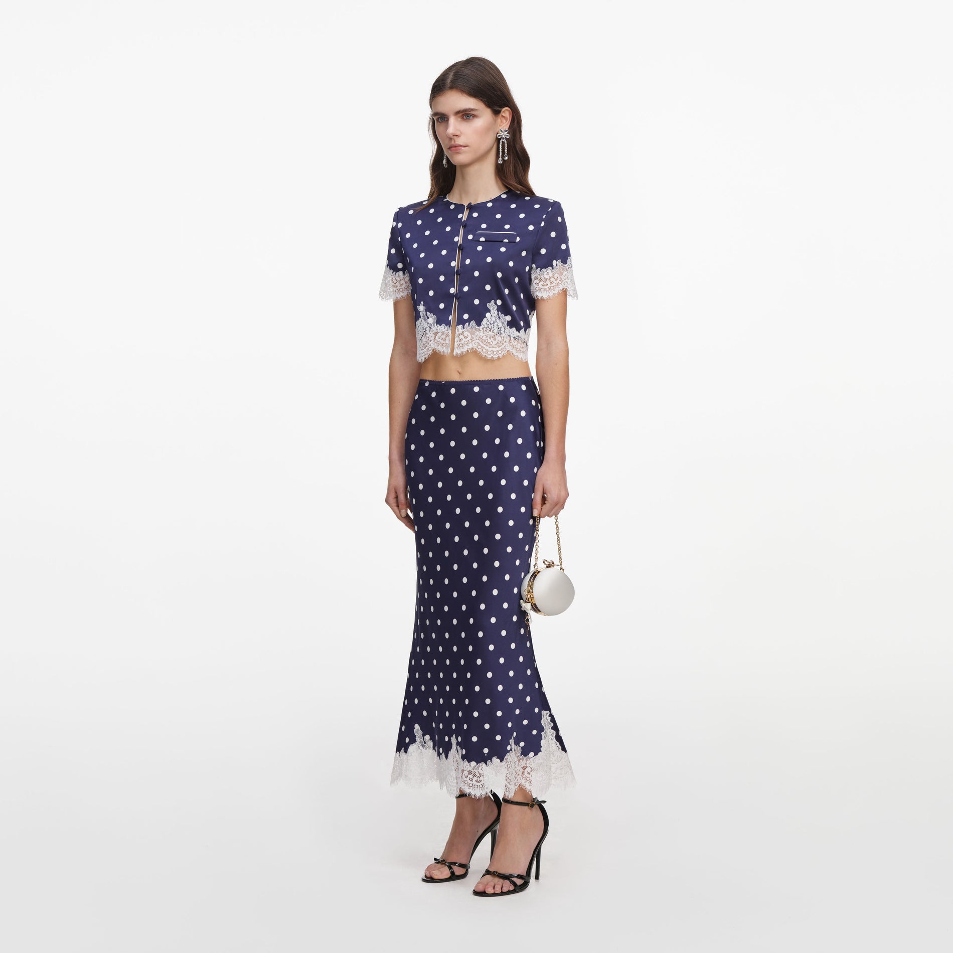 Navy Polka Dot Satin Midi Skirt