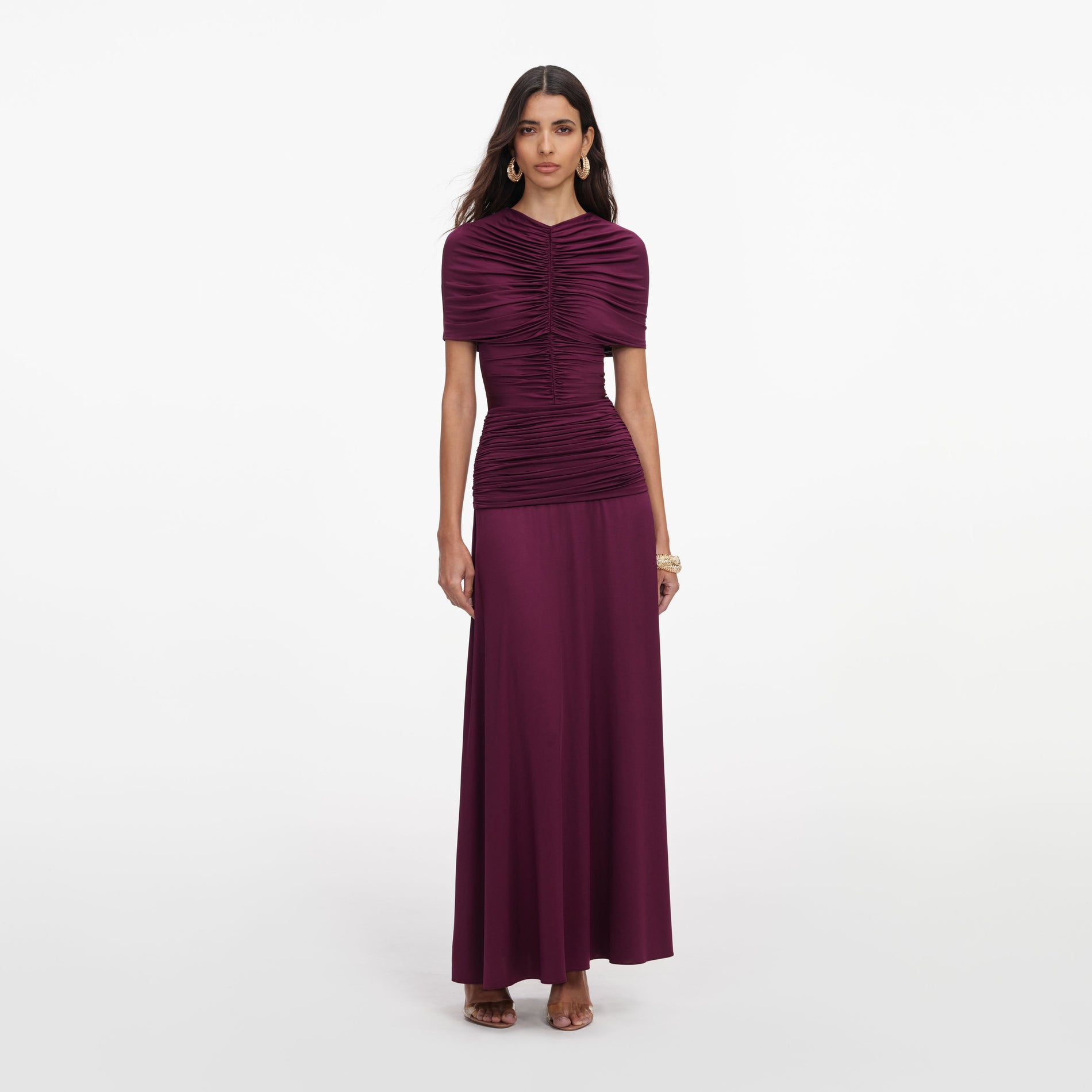 Front view of a woman wearing the Burgundy Jersey Gathered Midi Dress