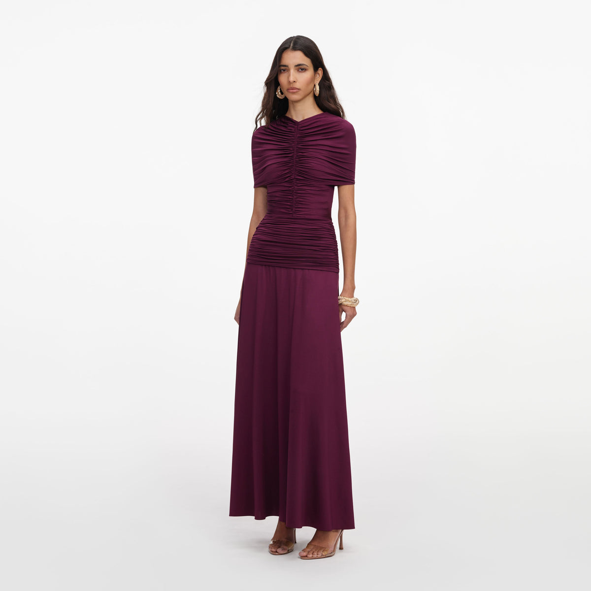 self-portrait - Burgundy Jersey Gathered Midi Dress