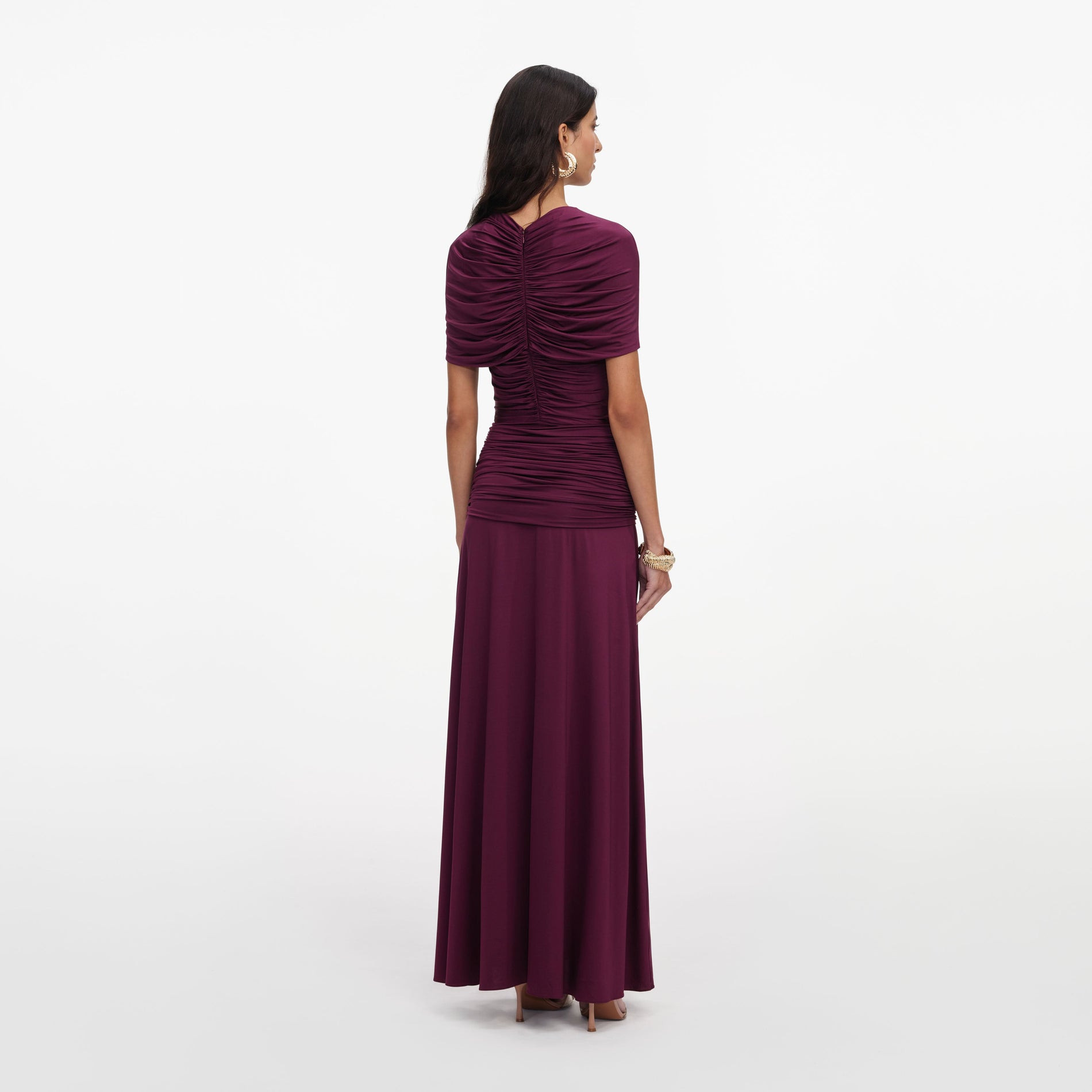 Back view of a woman wearing the Burgundy Jersey Gathered Midi Dress
