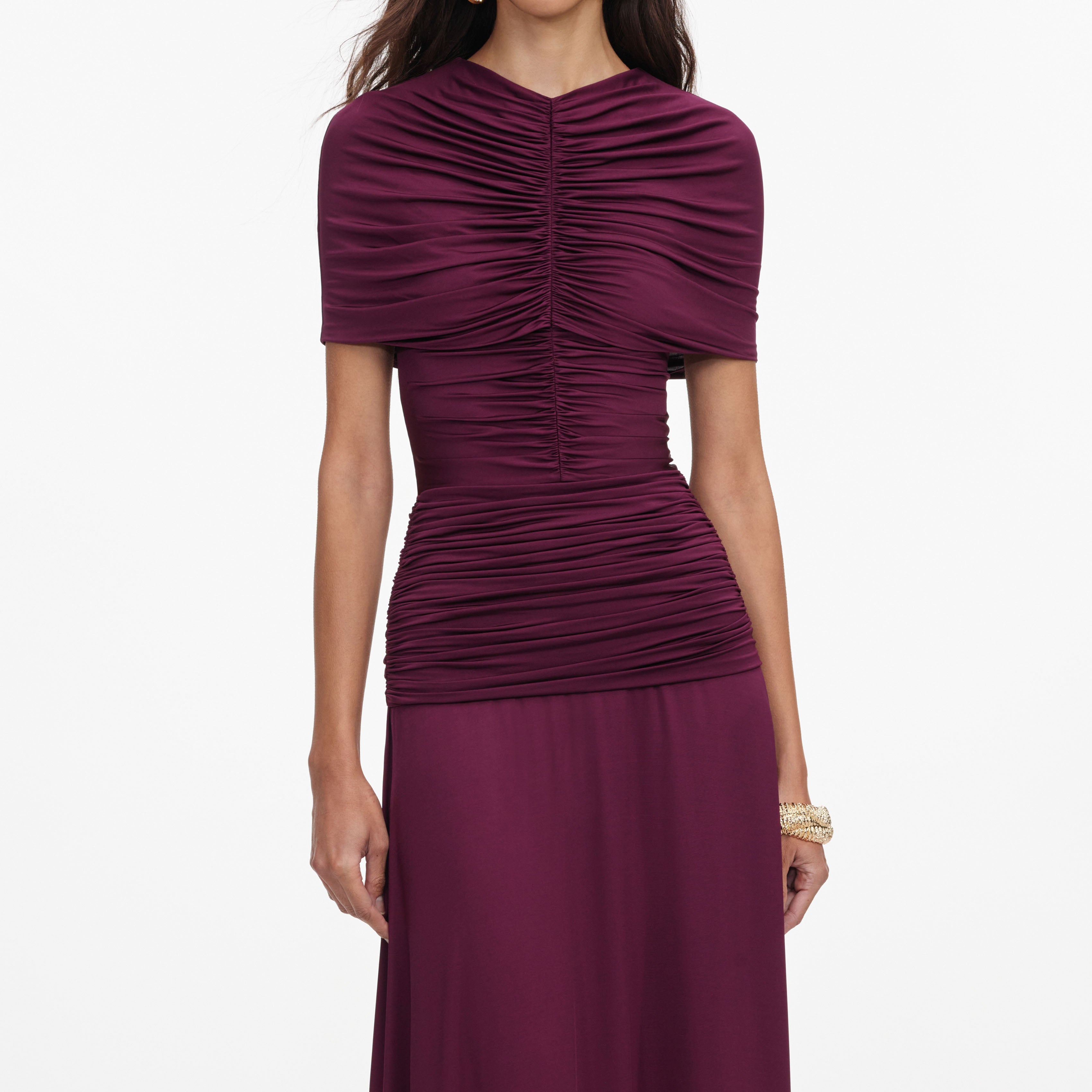 self-portrait - Burgundy Jersey Gathered Midi Dress