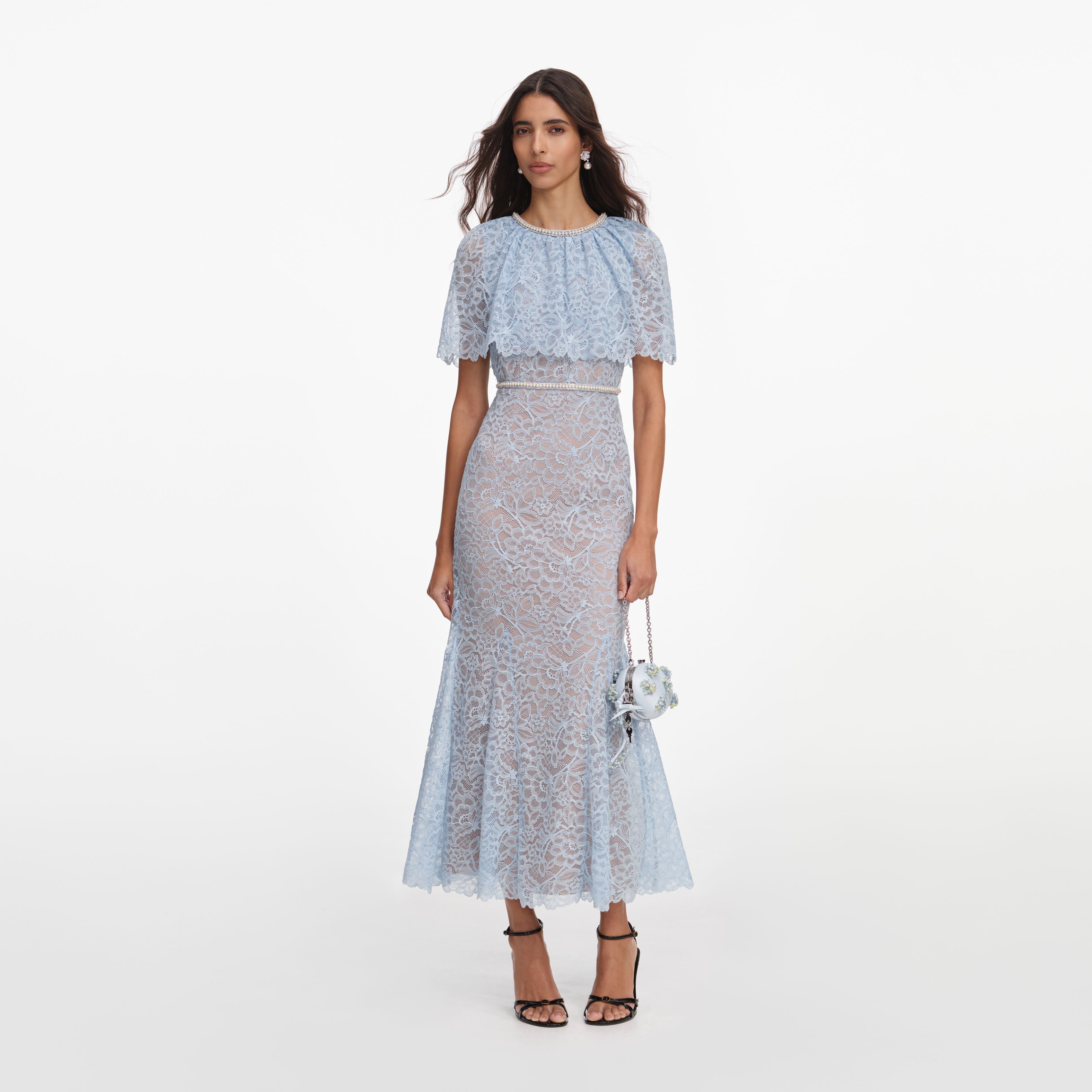 Blue Guipure Lace Midi Dress – self-portrait-US