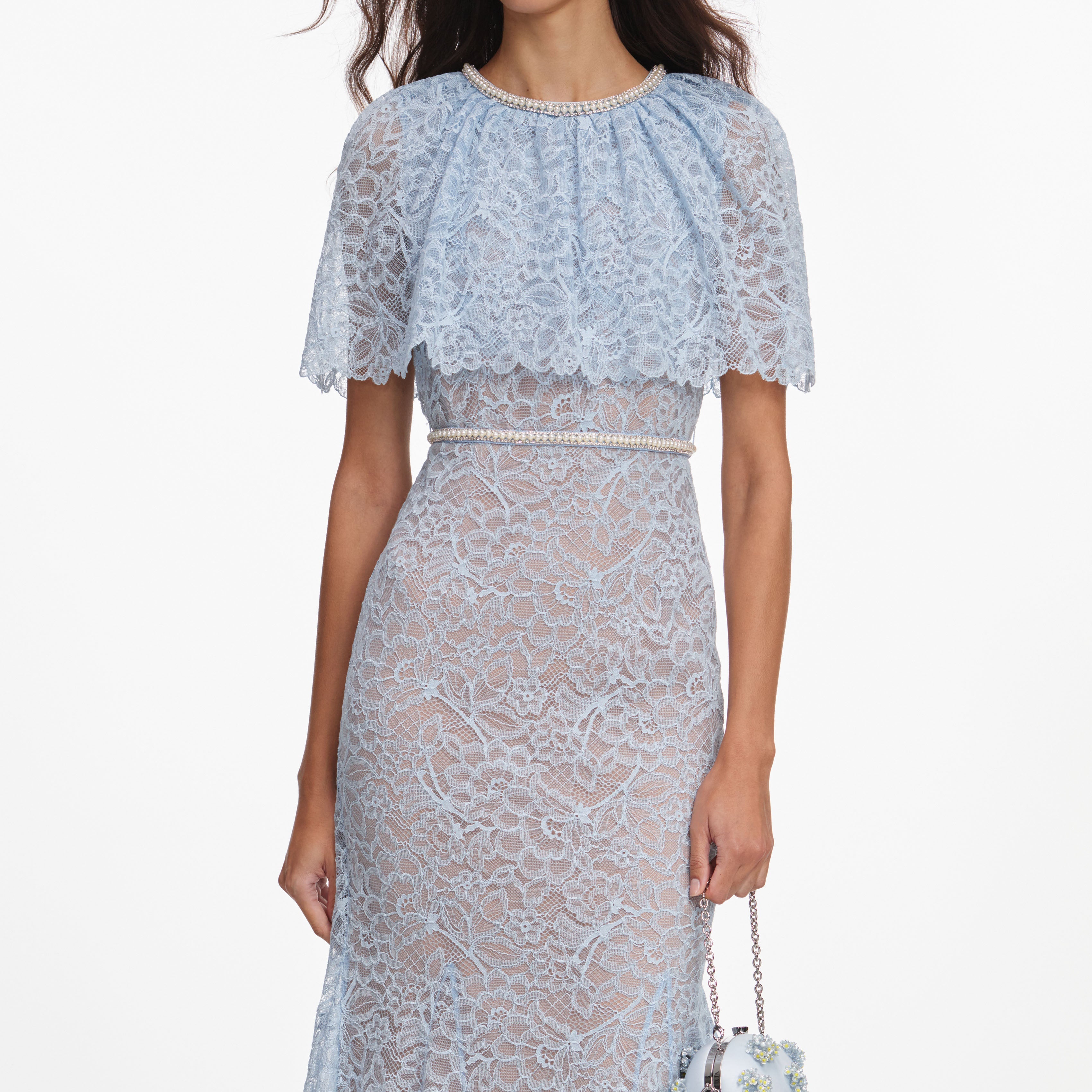 新品 self portrait 水色 ドット チュール ティアード ケープ Blue Lace Cape Midi Dress – self-portrait-US