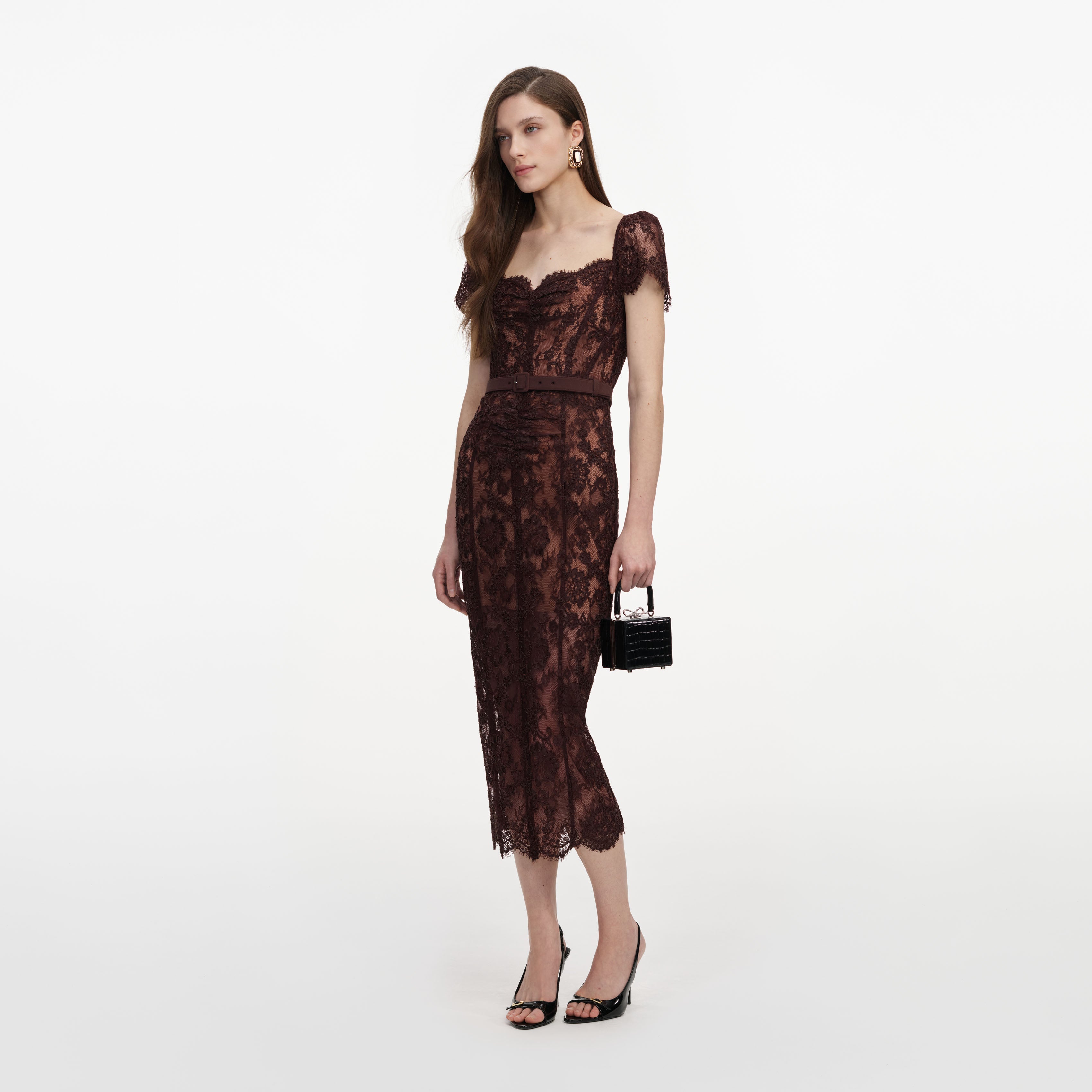 Brown Floral Lace Midi Dress – self-portrait-US