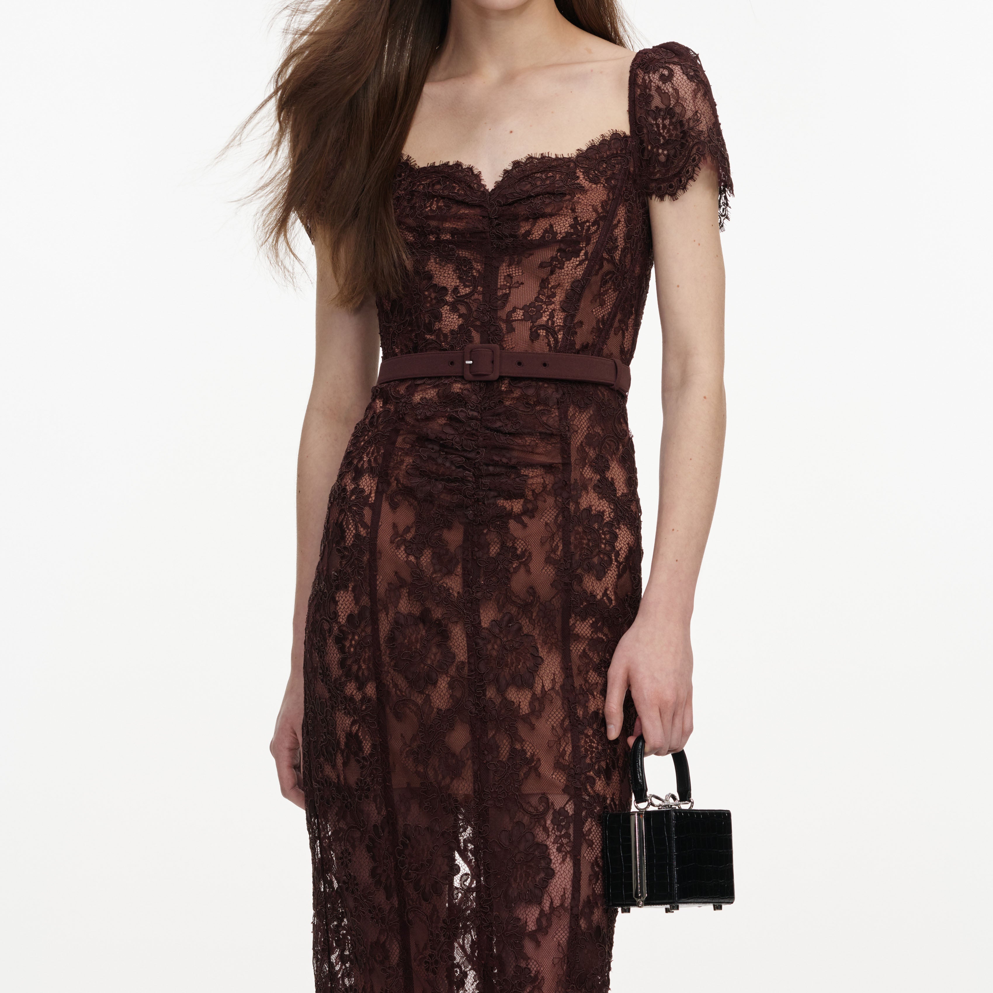 Brown Floral Lace Midi Dress – self-portrait-US