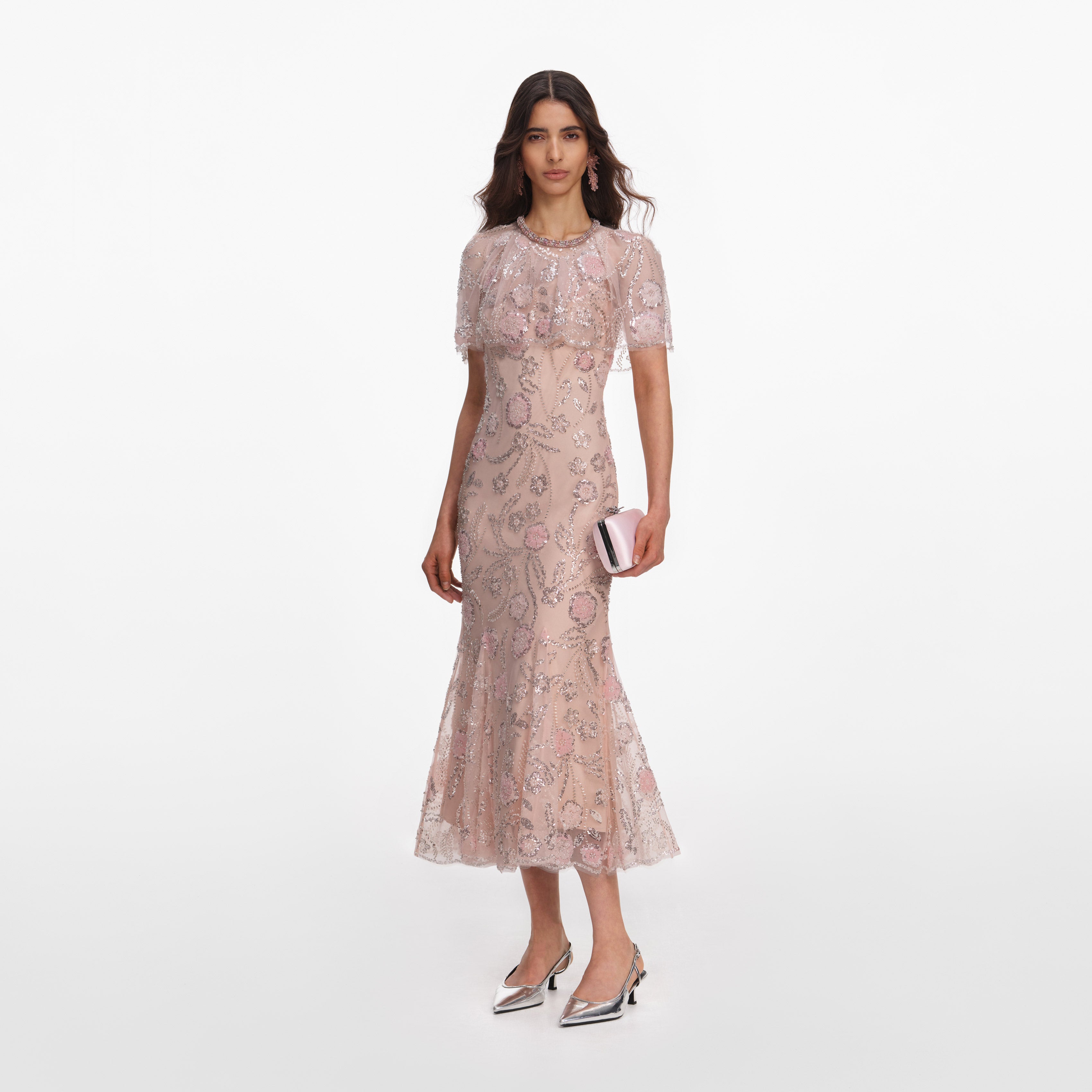 Pink Embellished Cape Midi Dress – self-portrait-US