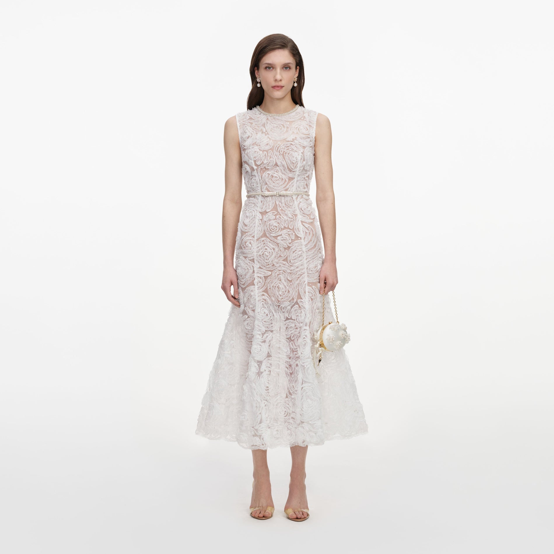Front view of a woman wearing the White Tulle Lace Midi Dress