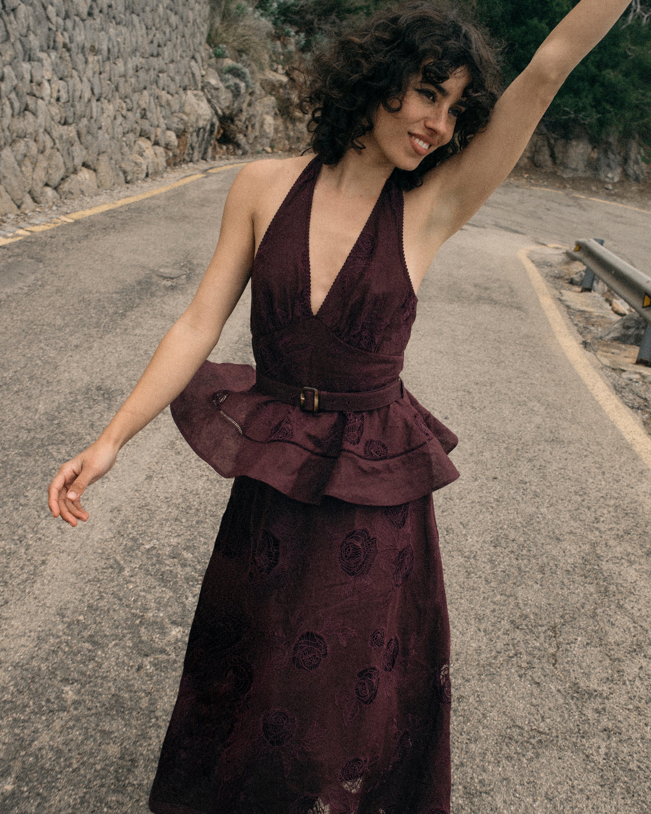 Plum Linen Blend Peplum Midi Dress  self-portrait-US
