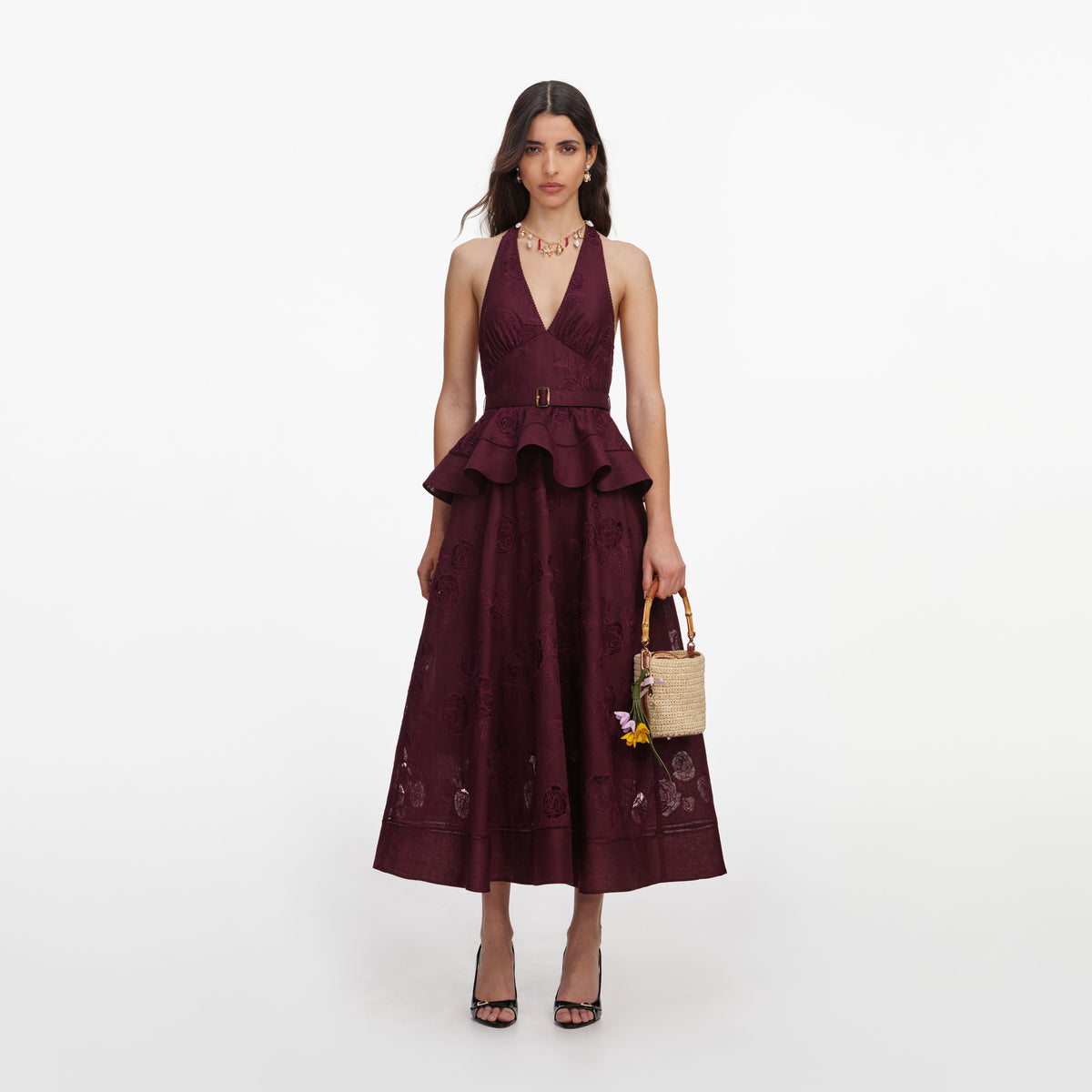 self-portrait Linen Peplum Midi Dress in Burgundy