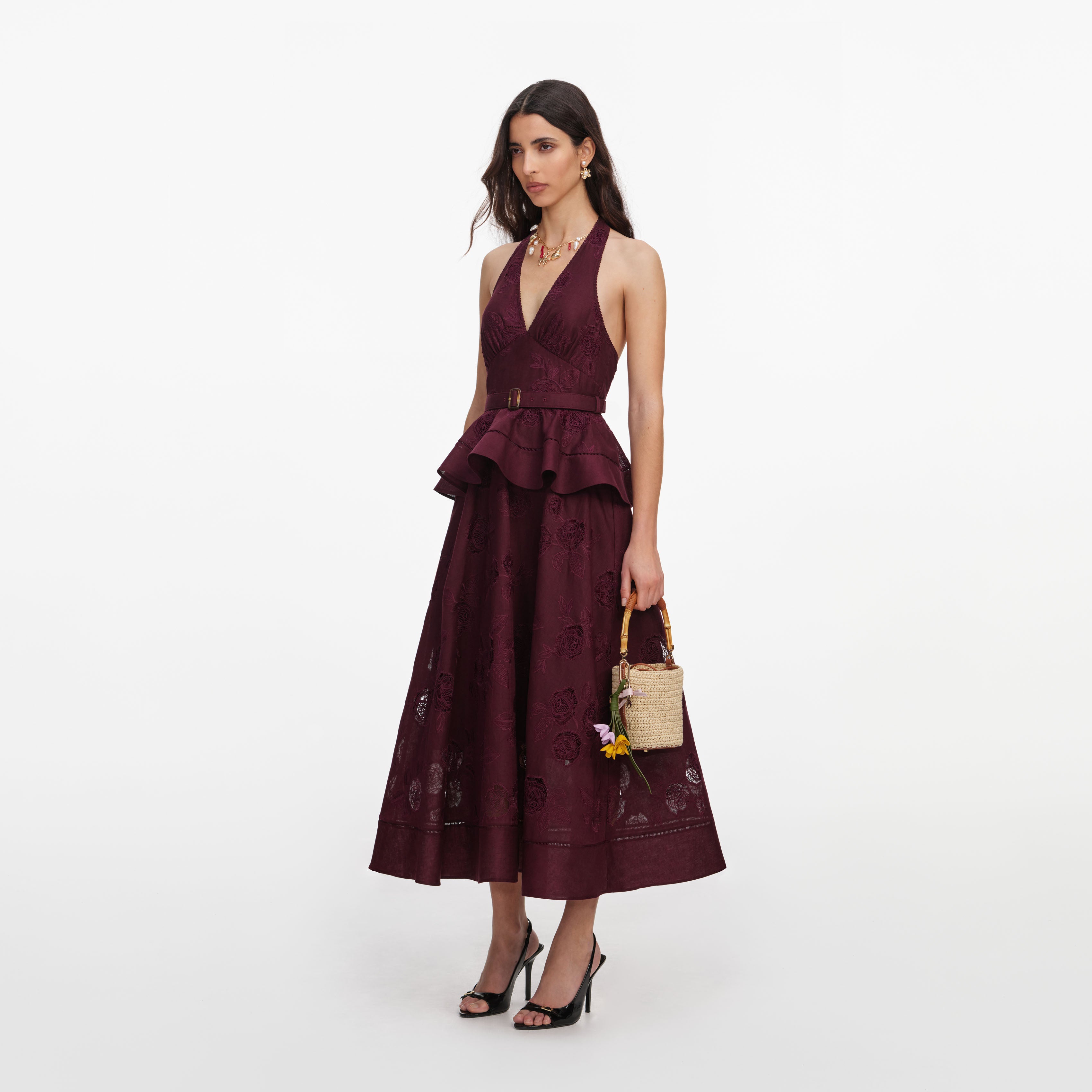 Plum Linen Blend Peplum Midi Dress – self-portrait-US