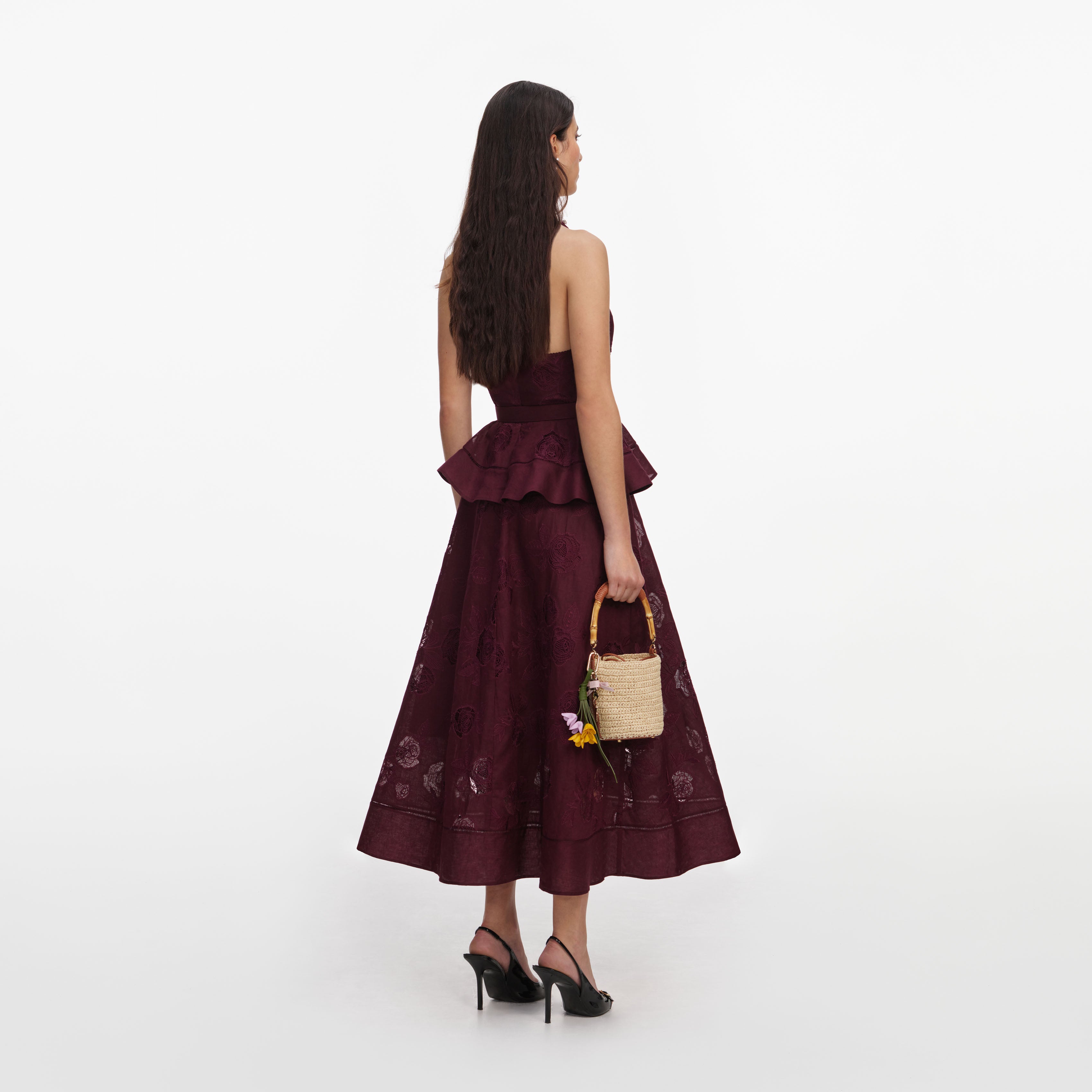 Plum Linen Blend Peplum Midi Dress – self-portrait-US