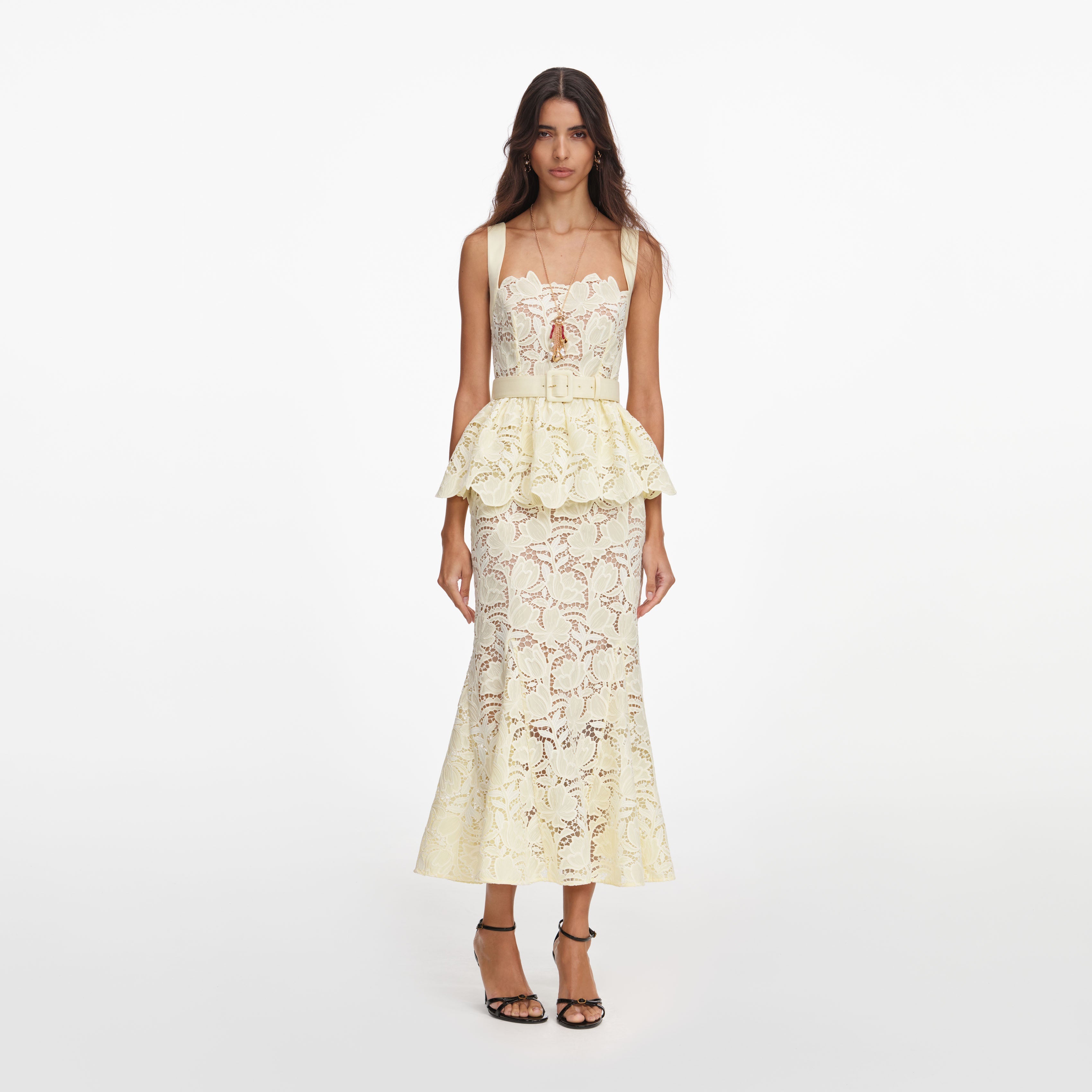 Blue Chiffon Lace Tiered Midi Dress – self-portrait-US