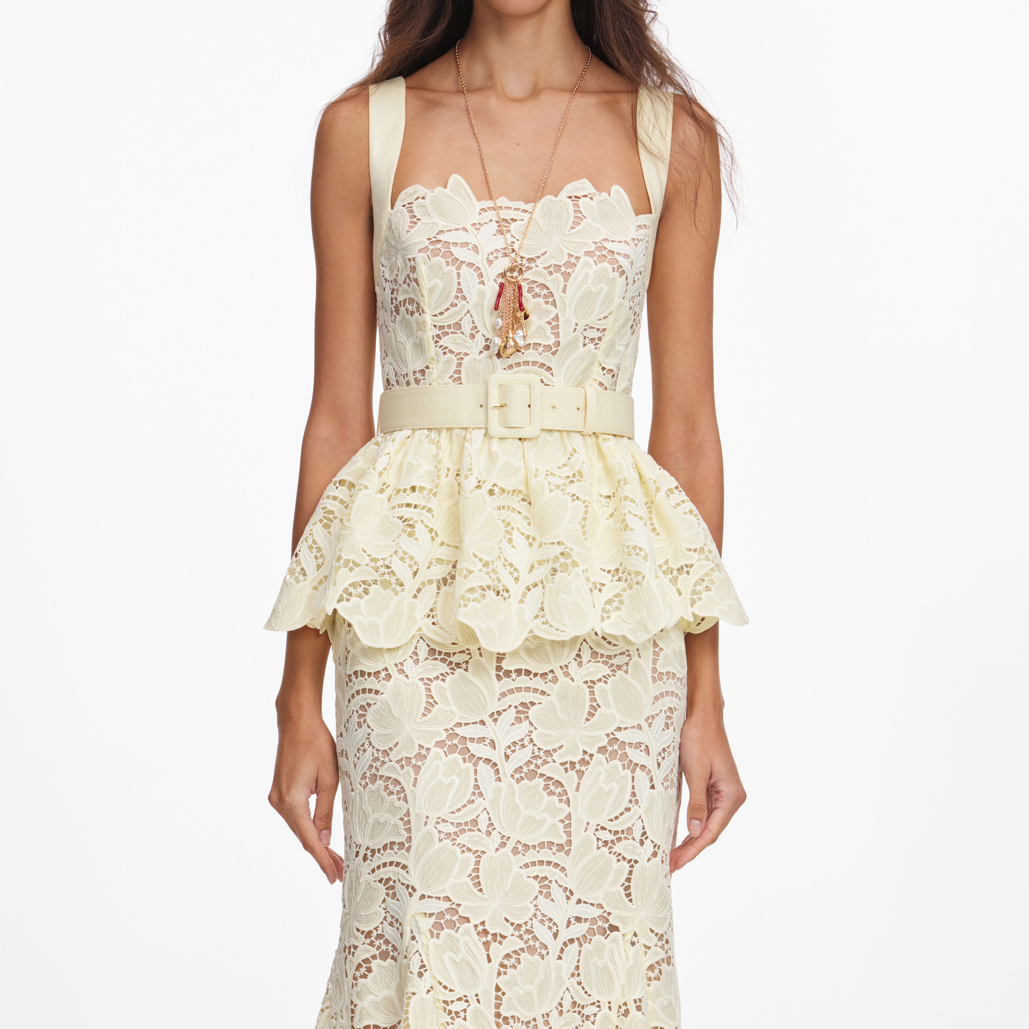 Yellow Lace Peplum Midi Dress – self-portrait-US