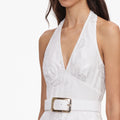 White Linen Blend Halterneck Midi Dress