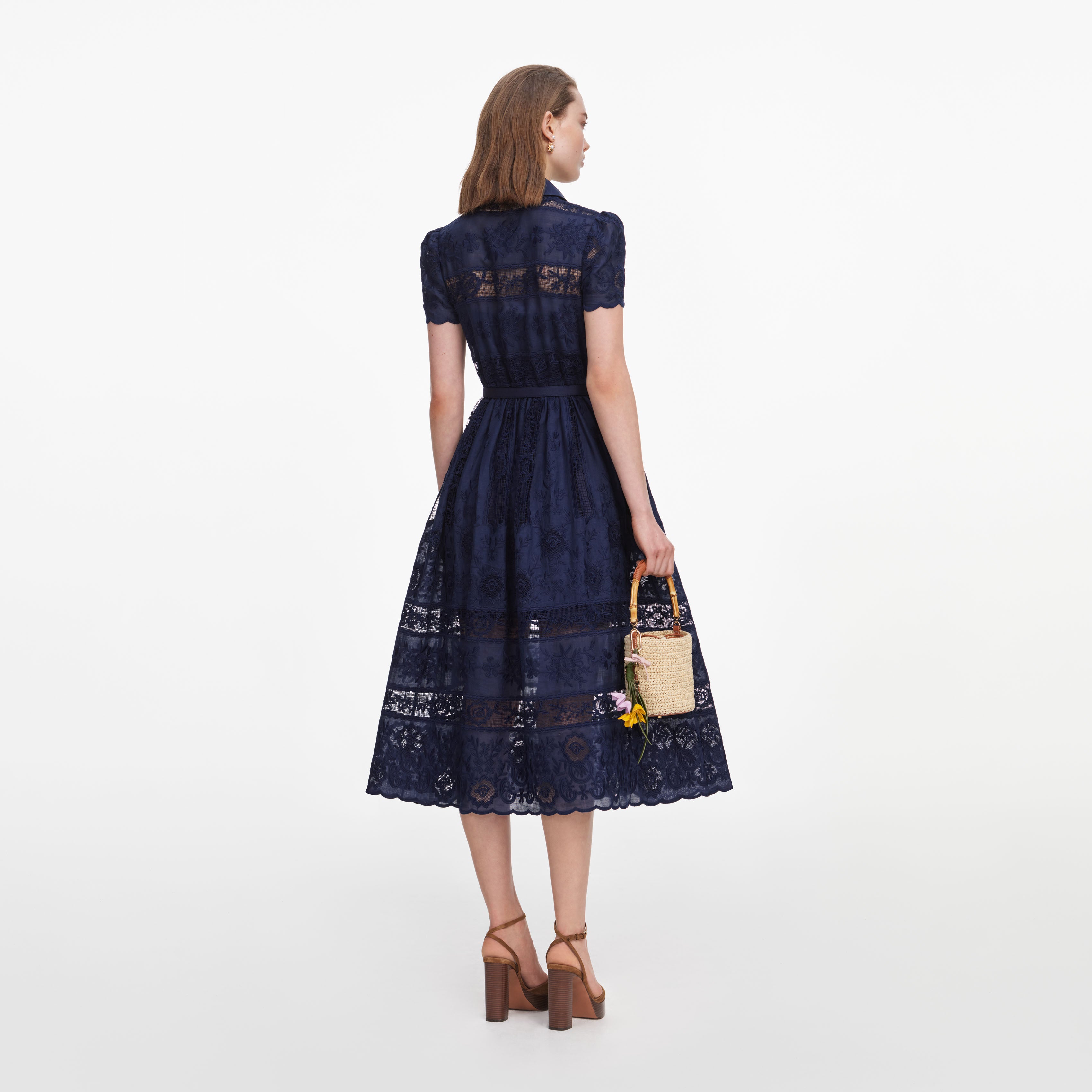 self-portrait レースワンピース ネイビー Navy Ramie Collared Midi Dress – self-portrait-US