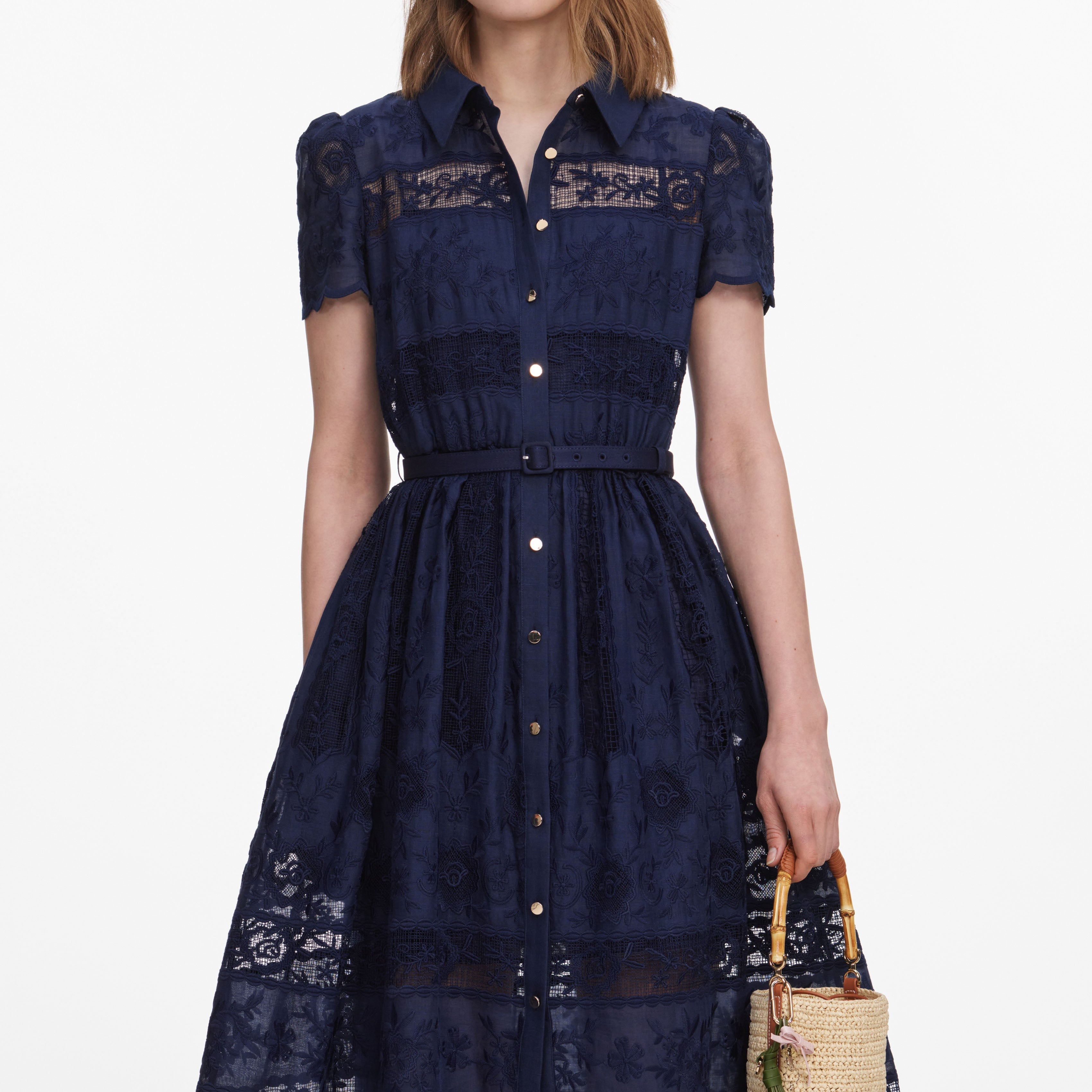 Navy Ramie Collared Midi Dress – self-portrait-US