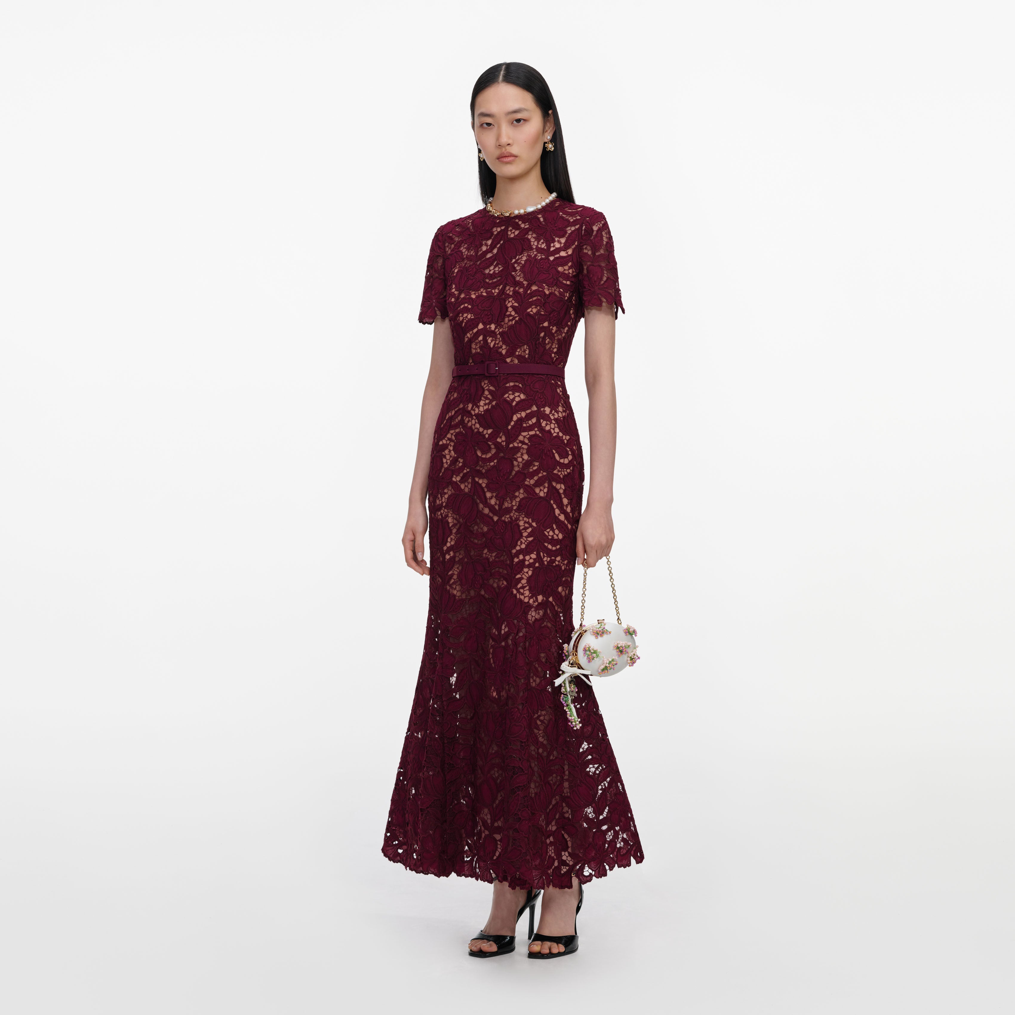 Burgundy Guipure Lace Midi Dress – self-portrait-US
