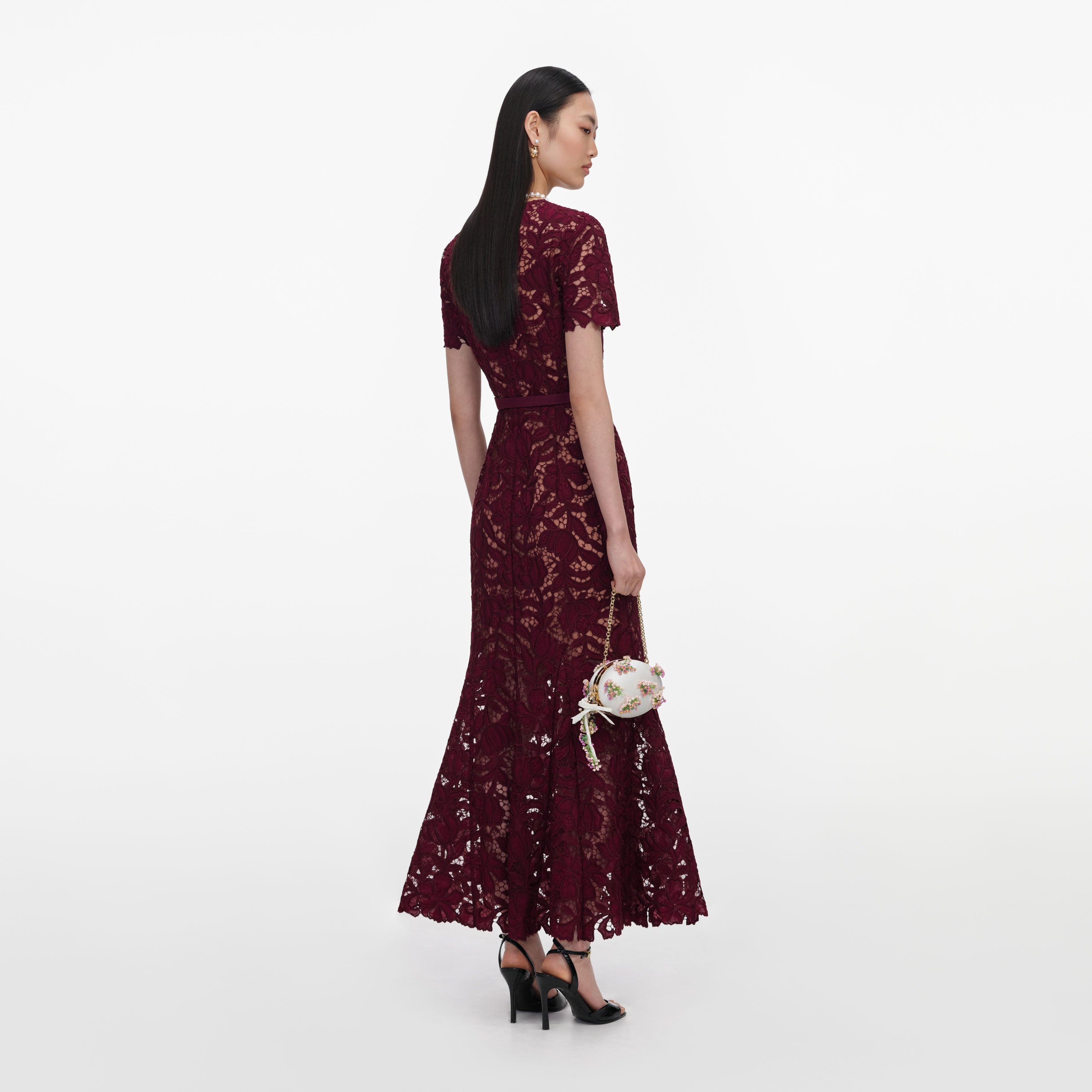 Burgundy Guipure Lace Midi Dress – self-portrait-US