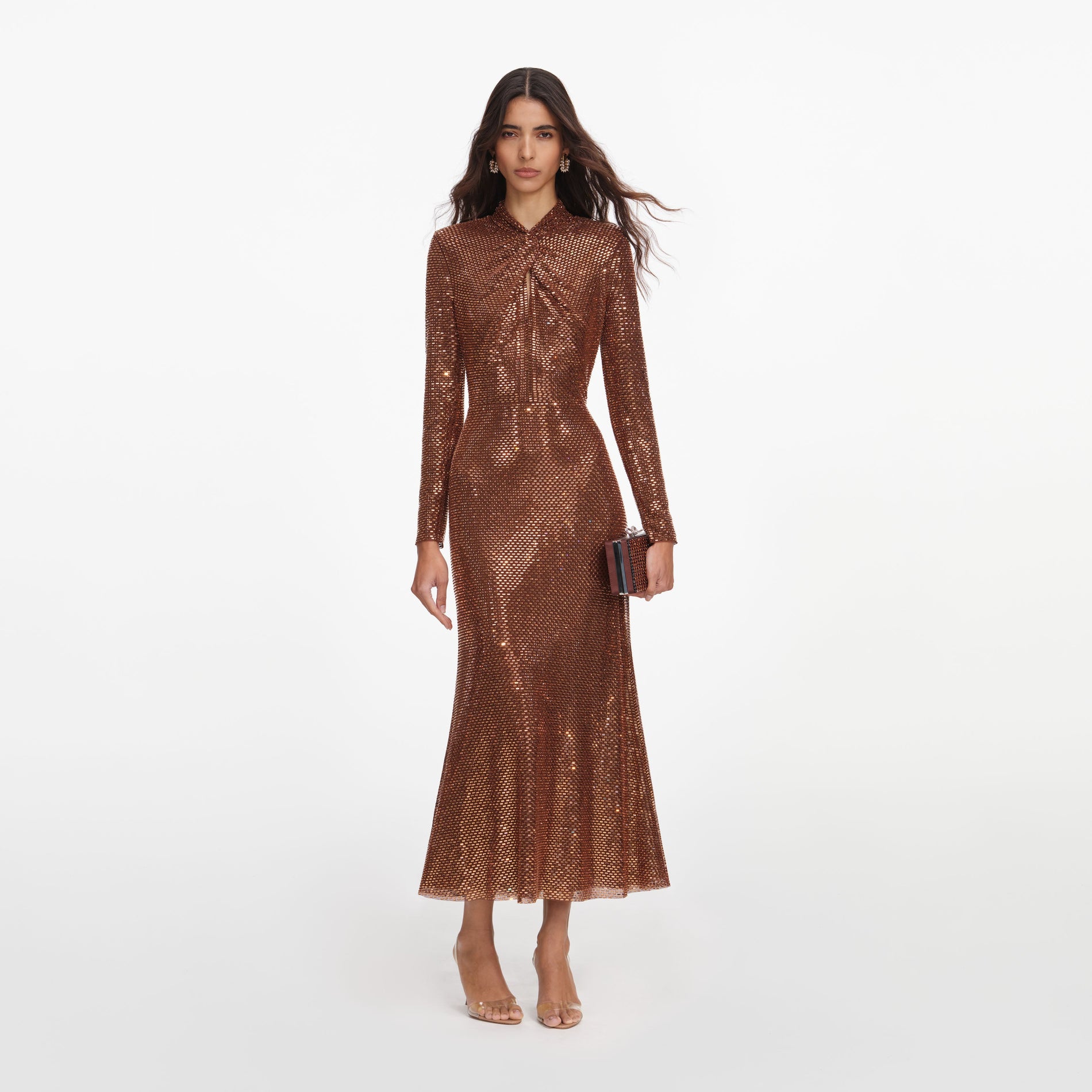 Front view of a woman wearing the Bronze Rhinestone Midi Dress