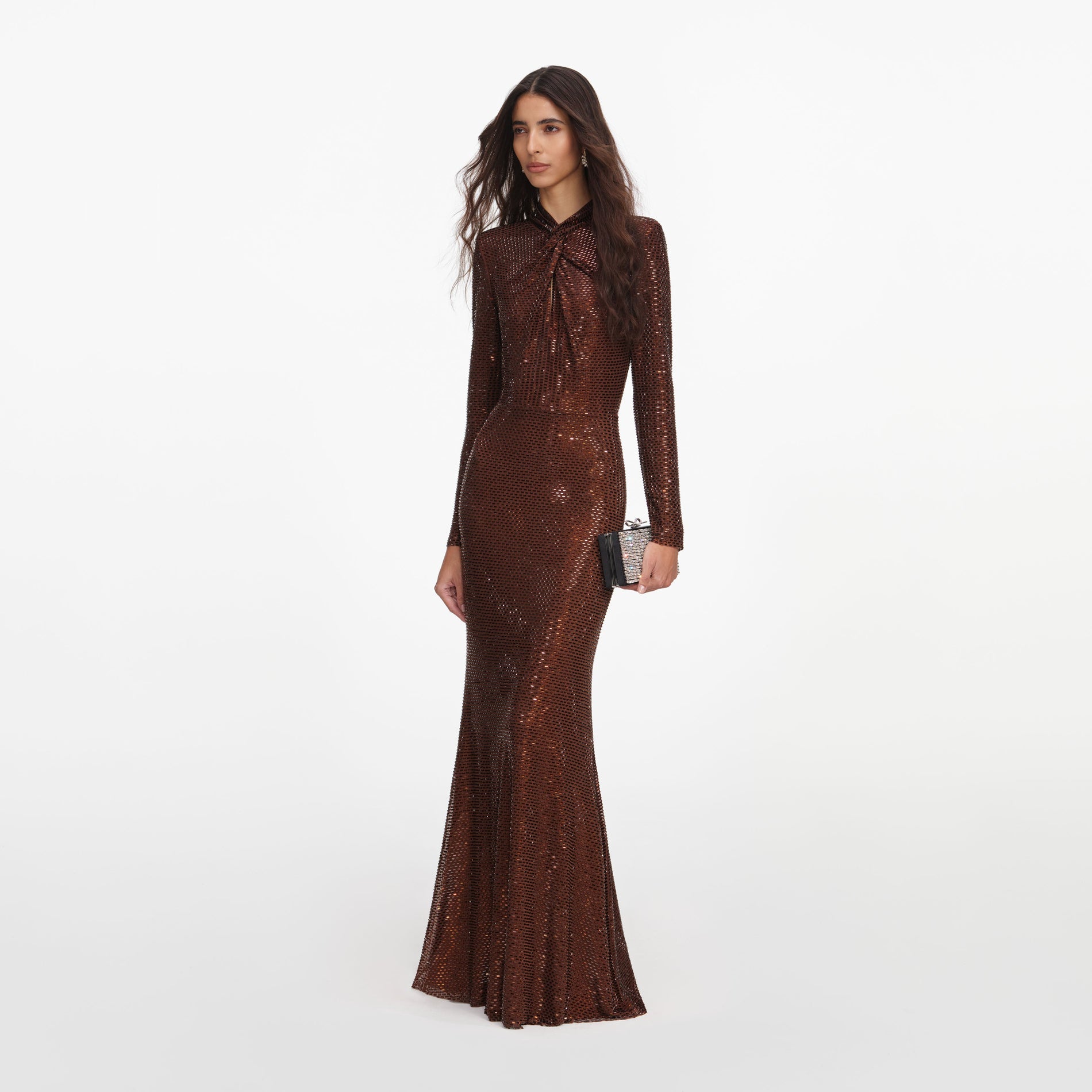 Side view of a woman wearing the Brown Rhinestone Maxi Dress