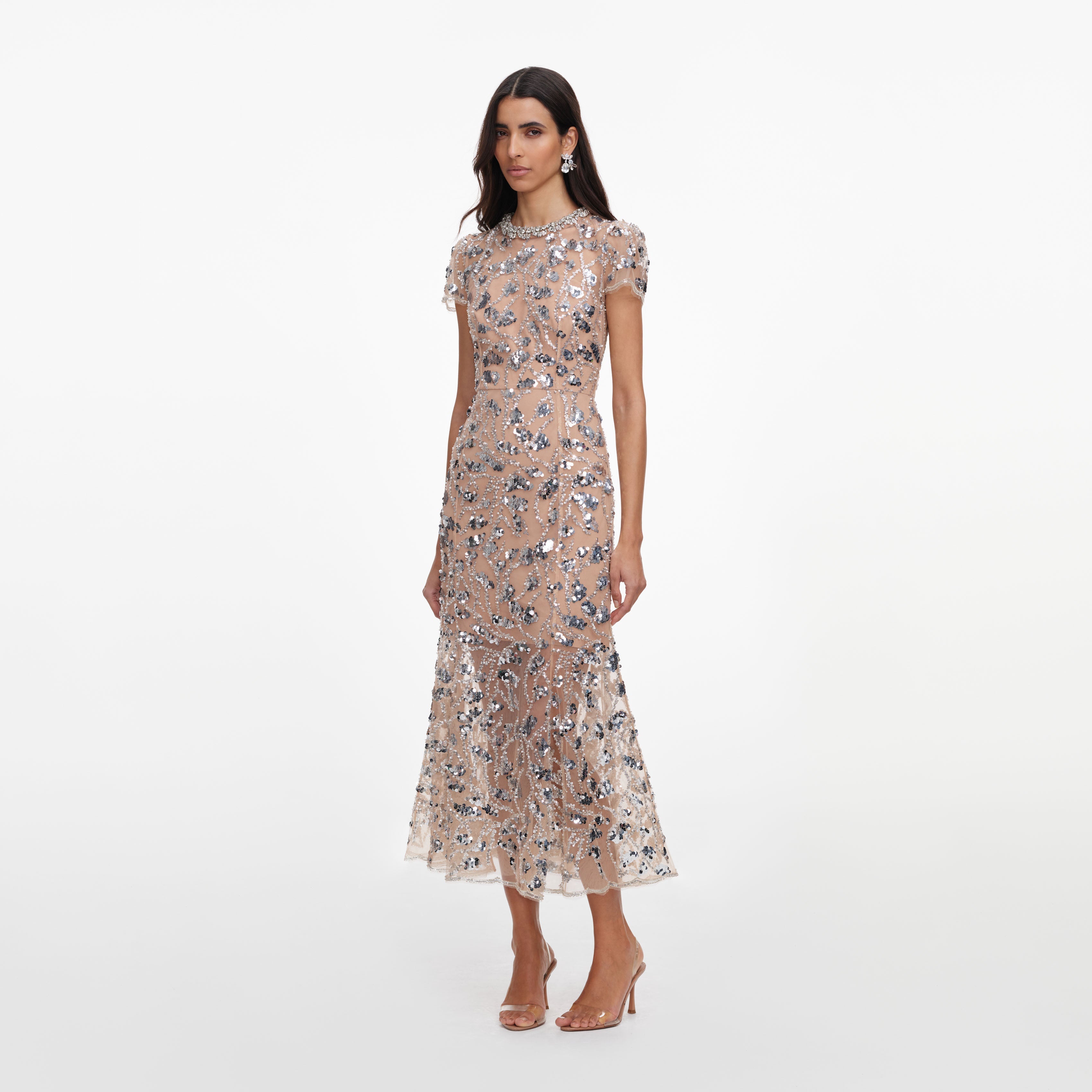 self-portrait - Silver Sequin Embellished Midi Dress - US 6