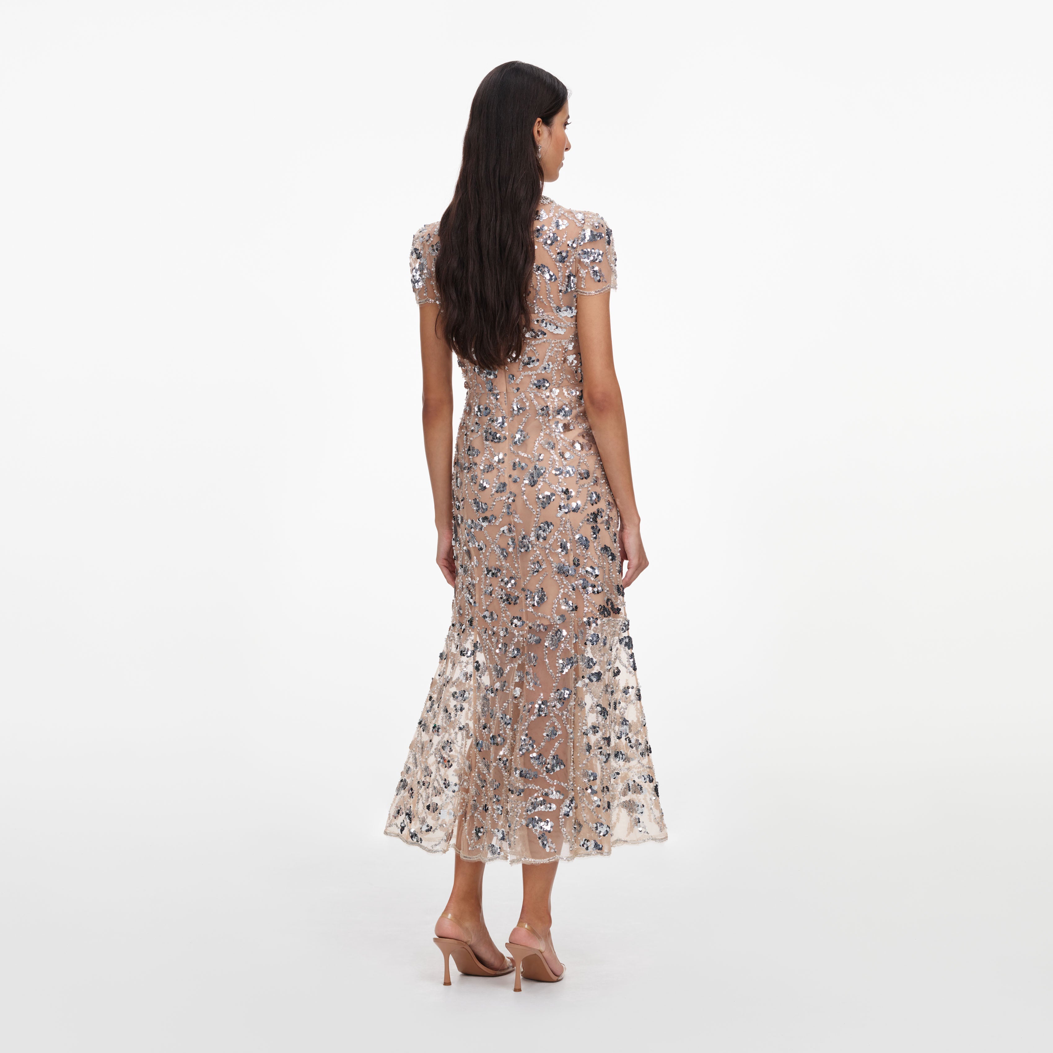 self-portrait - Silver Sequin Embellished Midi Dress
