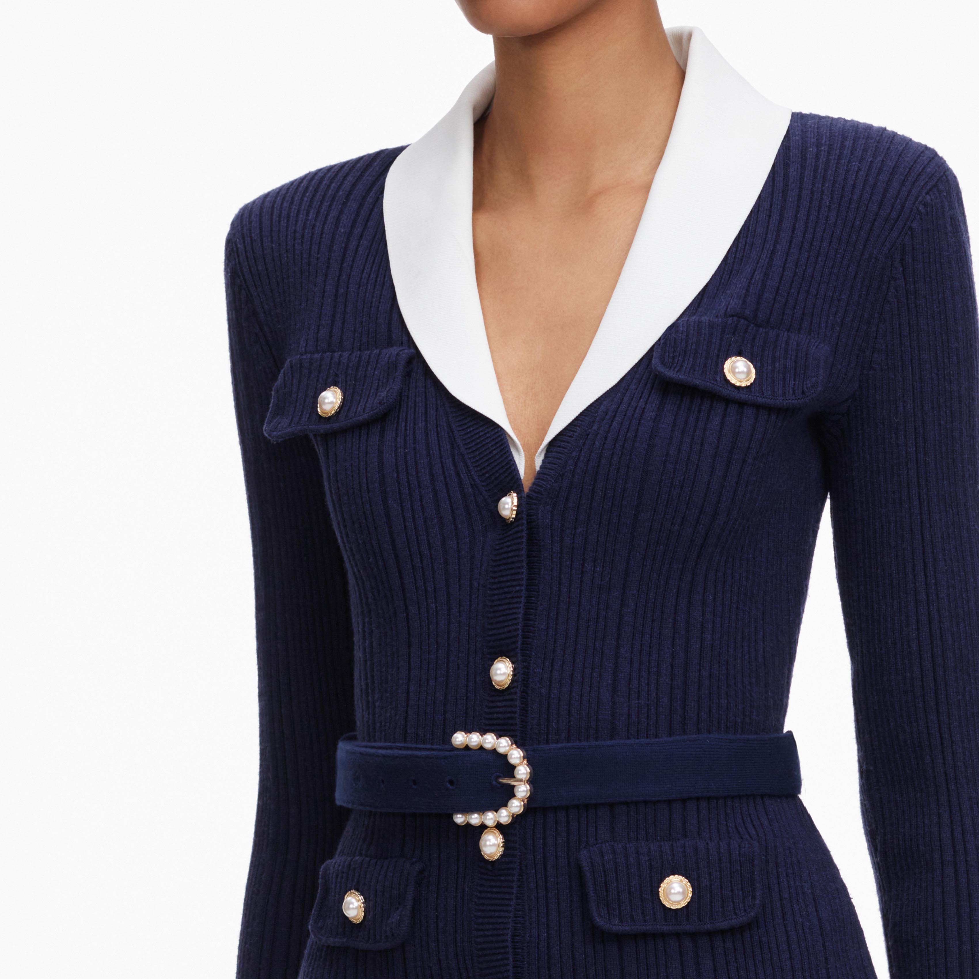 Navy Ribbed Knit Cardigan – self-portrait-US