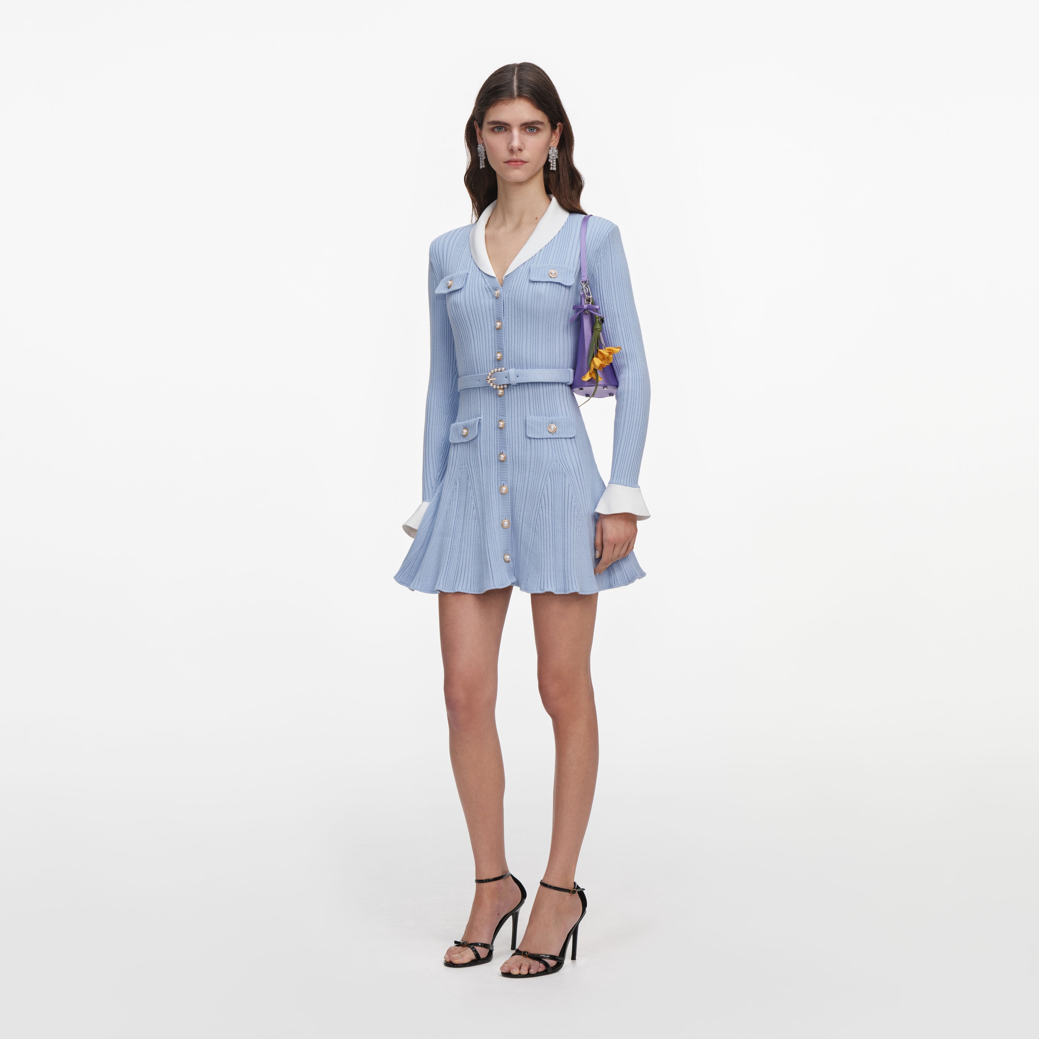 Blue Ribbed Knit Mini Dress – self-portrait-US