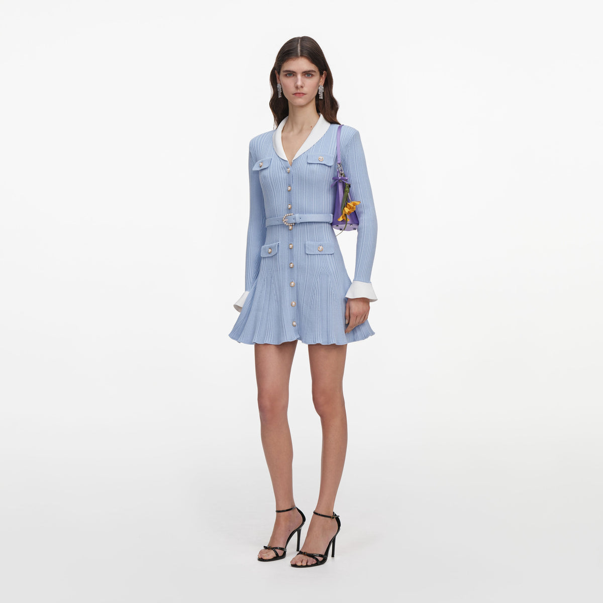 blue ribbed mini dress Long Sleeve Twist Cut Out Detail Mini Dress In Blue Ribbed Knit | EGO EU