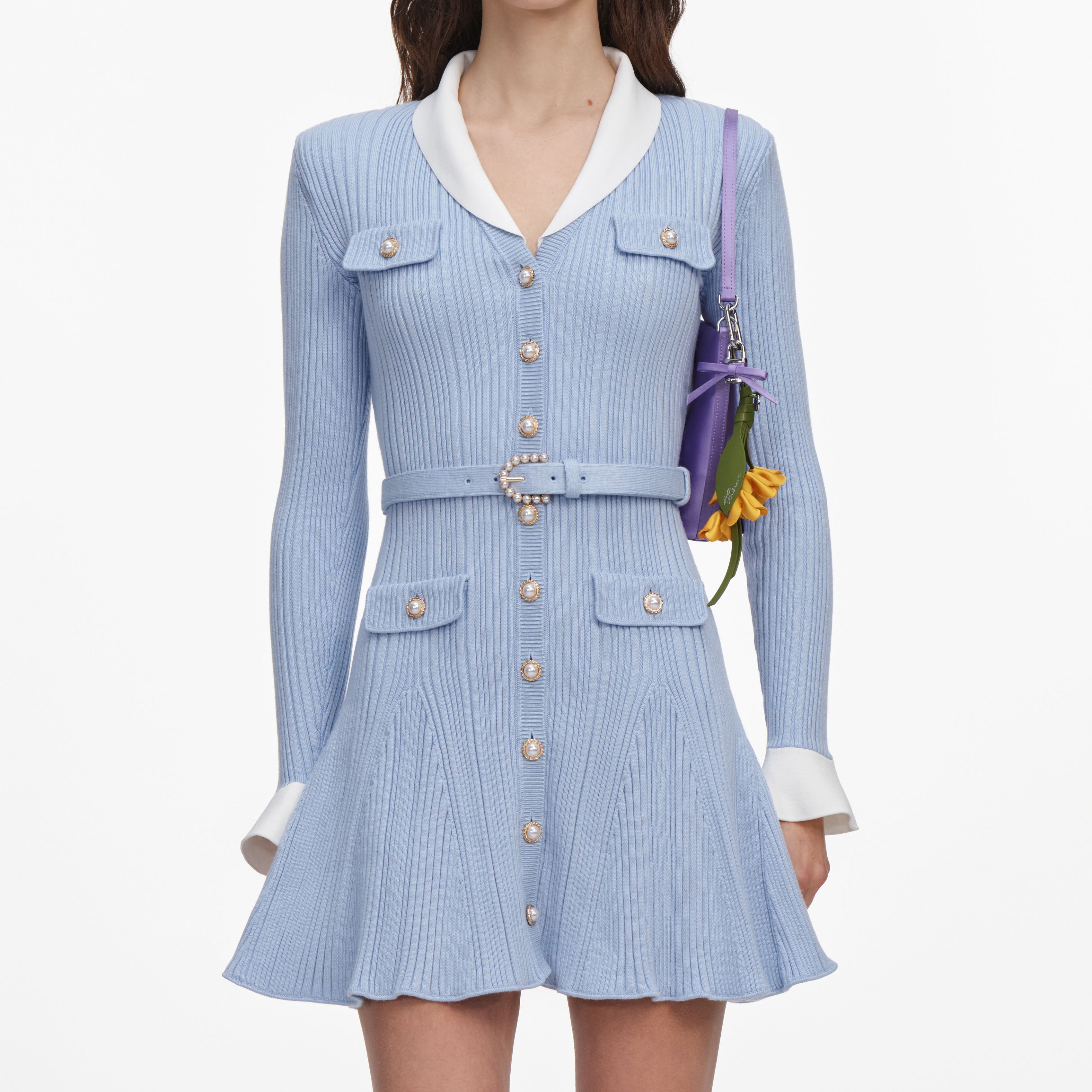 Blue Ribbed Knit Mini Dress – self-portrait-US