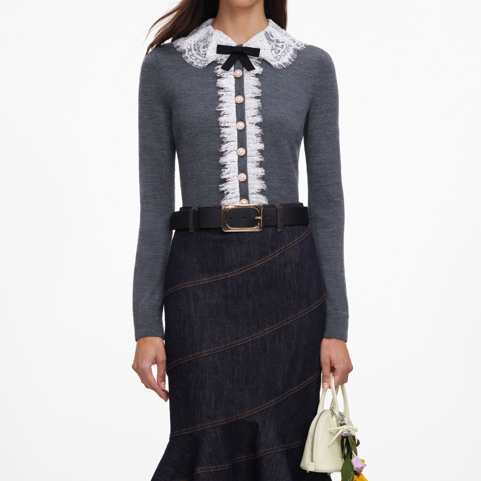 A close up of a woman wearing the Grey Lace Collar Knit Cardigan