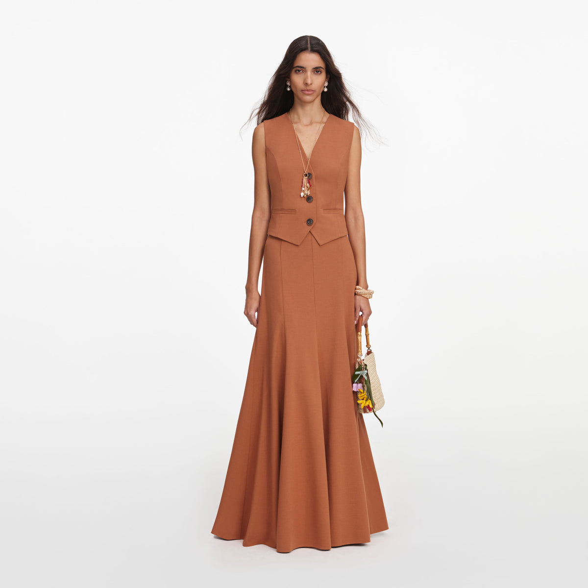 Brown Twill Sleeveless Maxi Dress  self-portrait-US