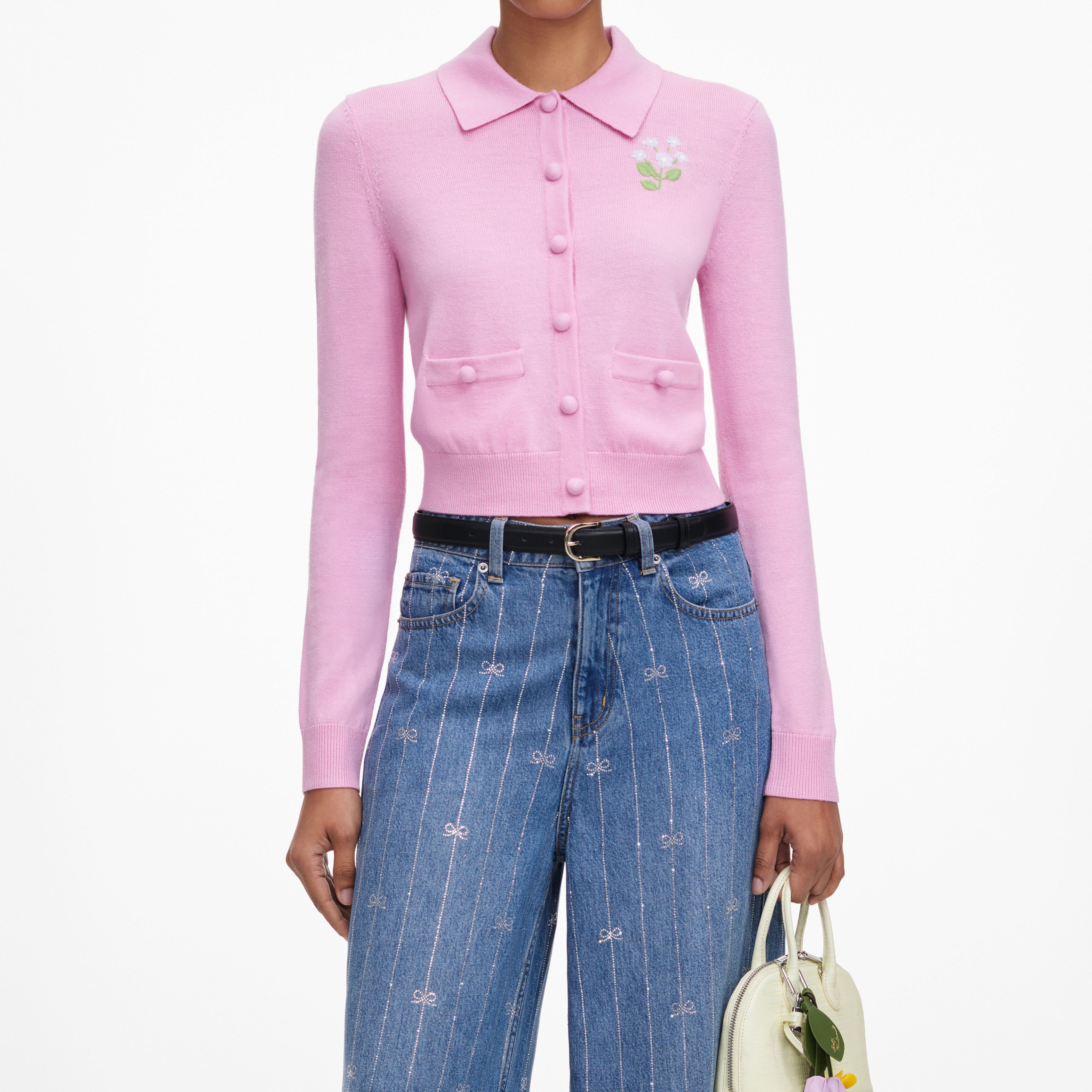 Pink Flower Embroidered Knit Cardigan – self-portrait-US